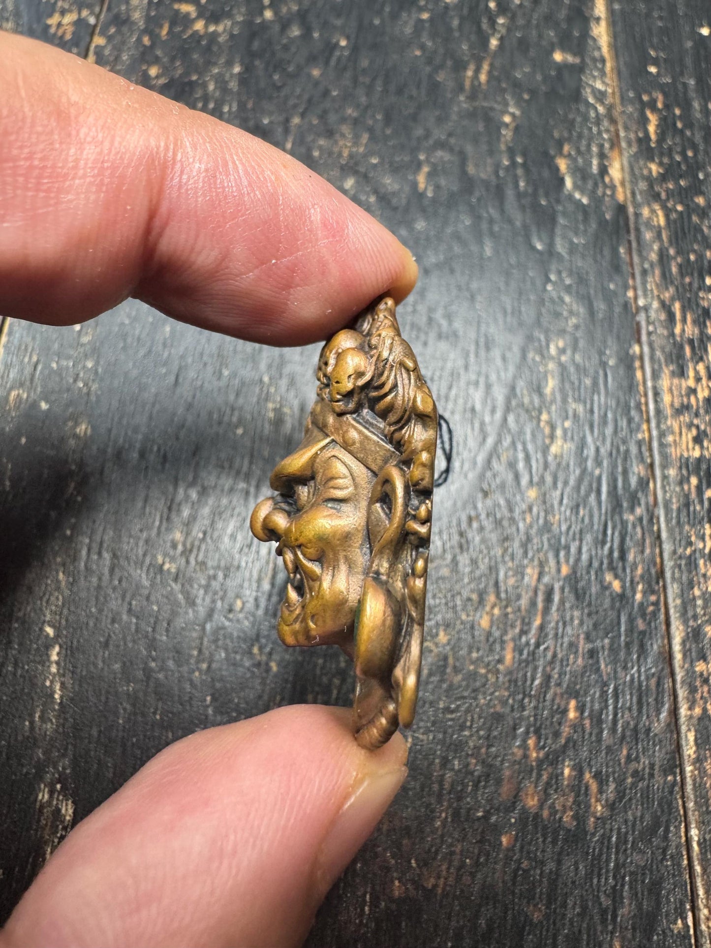 Brass Mahakala Wrathful Deity Pendant | Tibetan Buddhist Protector Mask | Nepal Hand Cast Dharma Guardian Amulet | Turquoise Inlay(H815)