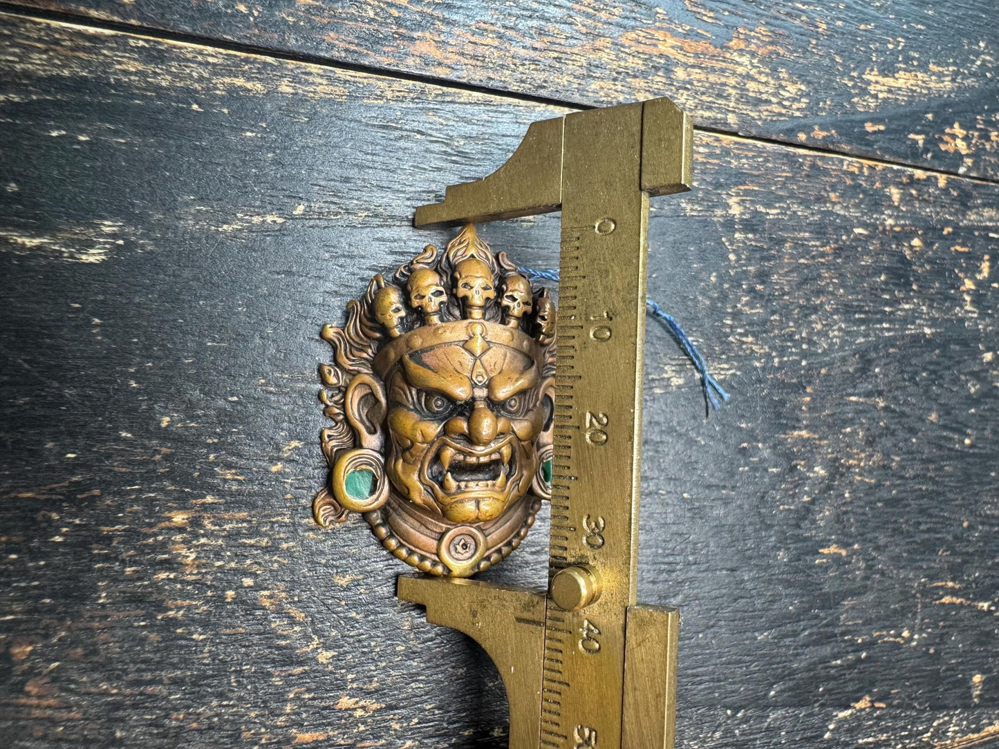 Brass Mahakala Wrathful Deity Pendant | Tibetan Buddhist Protector Mask | Nepal Hand Cast Dharma Guardian Amulet | Turquoise Inlay(H815)
