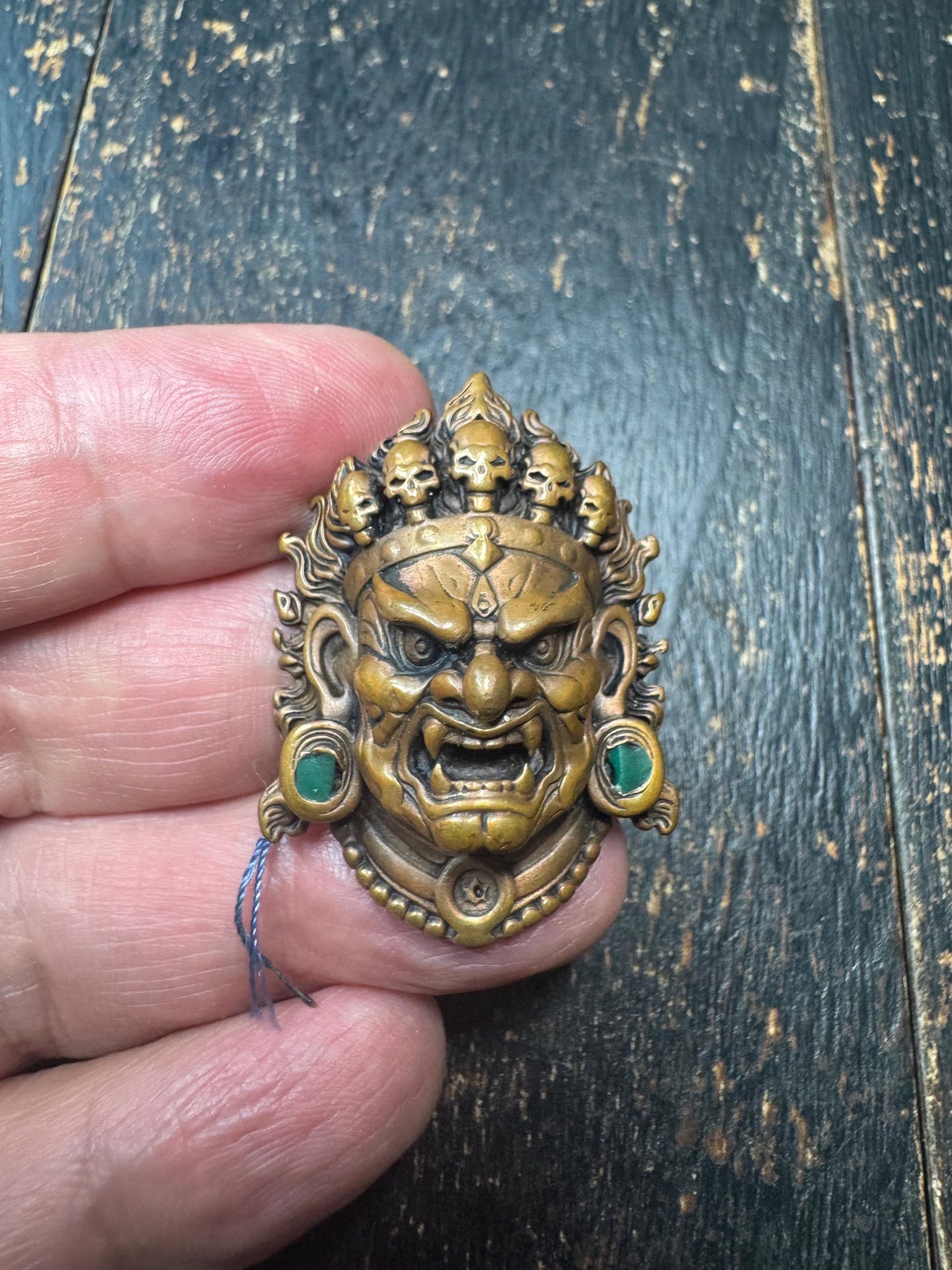 Brass Mahakala Wrathful Deity Pendant | Tibetan Buddhist Protector Mask | Nepal Hand Cast Dharma Guardian Amulet | Turquoise Inlay(H815)