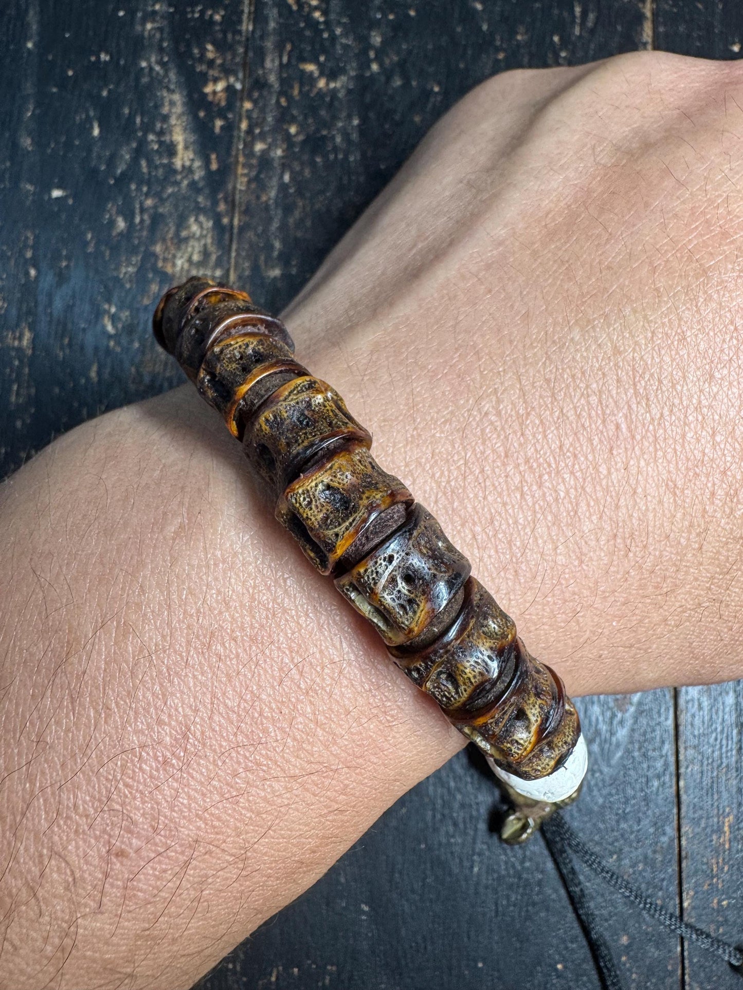 Tibetan Fish Bone Wrist Mala Bracelet, Carved Bone Charnel Ground Spacer Beads, Brass Guru Bead, Fire Offering Agate, Adjustable 8-8.5“(H845