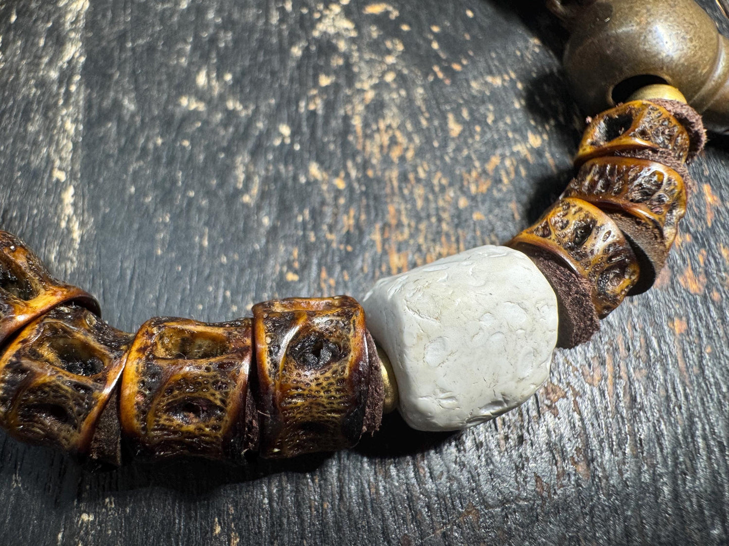 Tibetan Fish Bone Wrist Mala Bracelet, Carved Bone Charnel Ground Spacer Beads, Brass Guru Bead, Fire Offering Agate, Adjustable 8-8.5“(H845