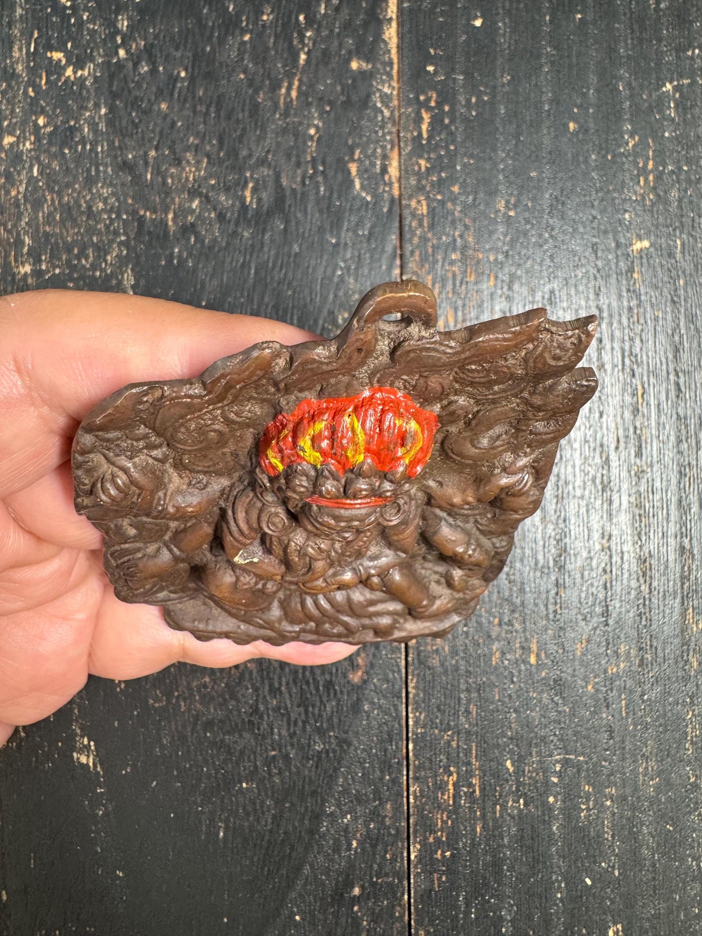 Old Tibetan Bronze Mahakala Amulet Plaque, Wrathful Protector Deity Relief, Buddhist Temple Talisman, Antique Shrine Pendant(H848）