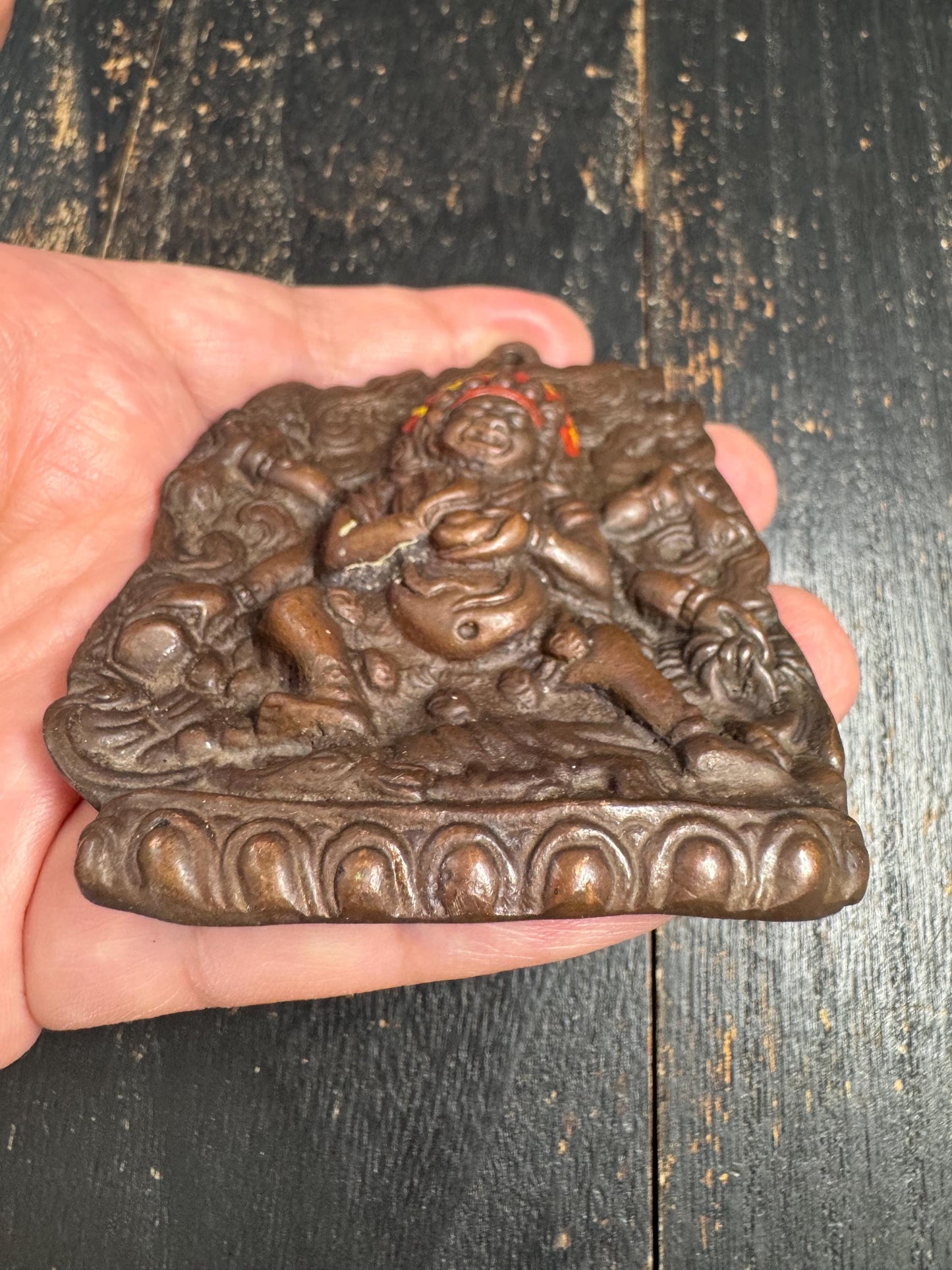 Old Tibetan Bronze Mahakala Amulet Plaque, Wrathful Protector Deity Relief, Buddhist Temple Talisman, Antique Shrine Pendant(H848）