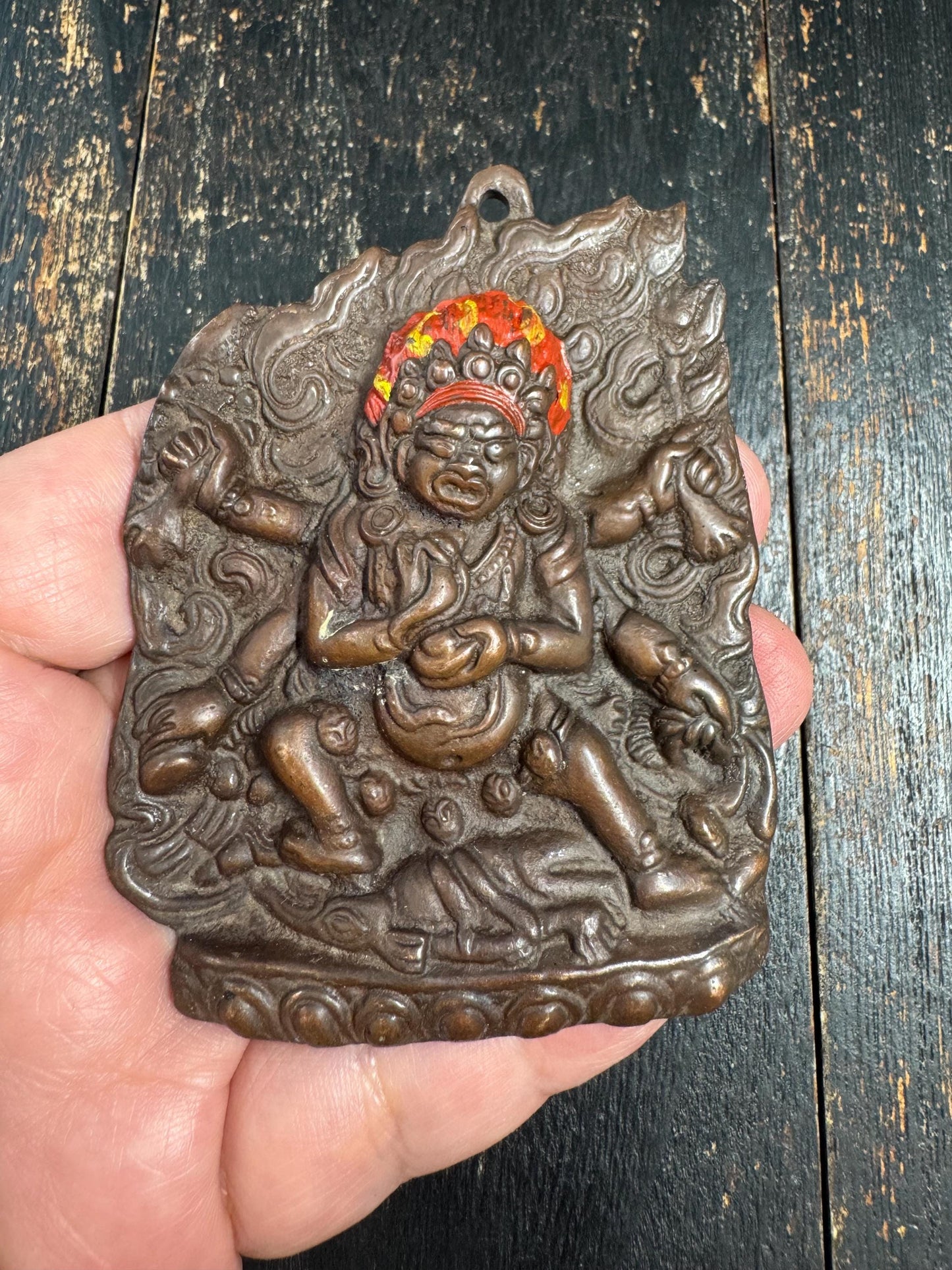 Old Tibetan Bronze Mahakala Amulet Plaque, Wrathful Protector Deity Relief, Buddhist Temple Talisman, Antique Shrine Pendant(H848）