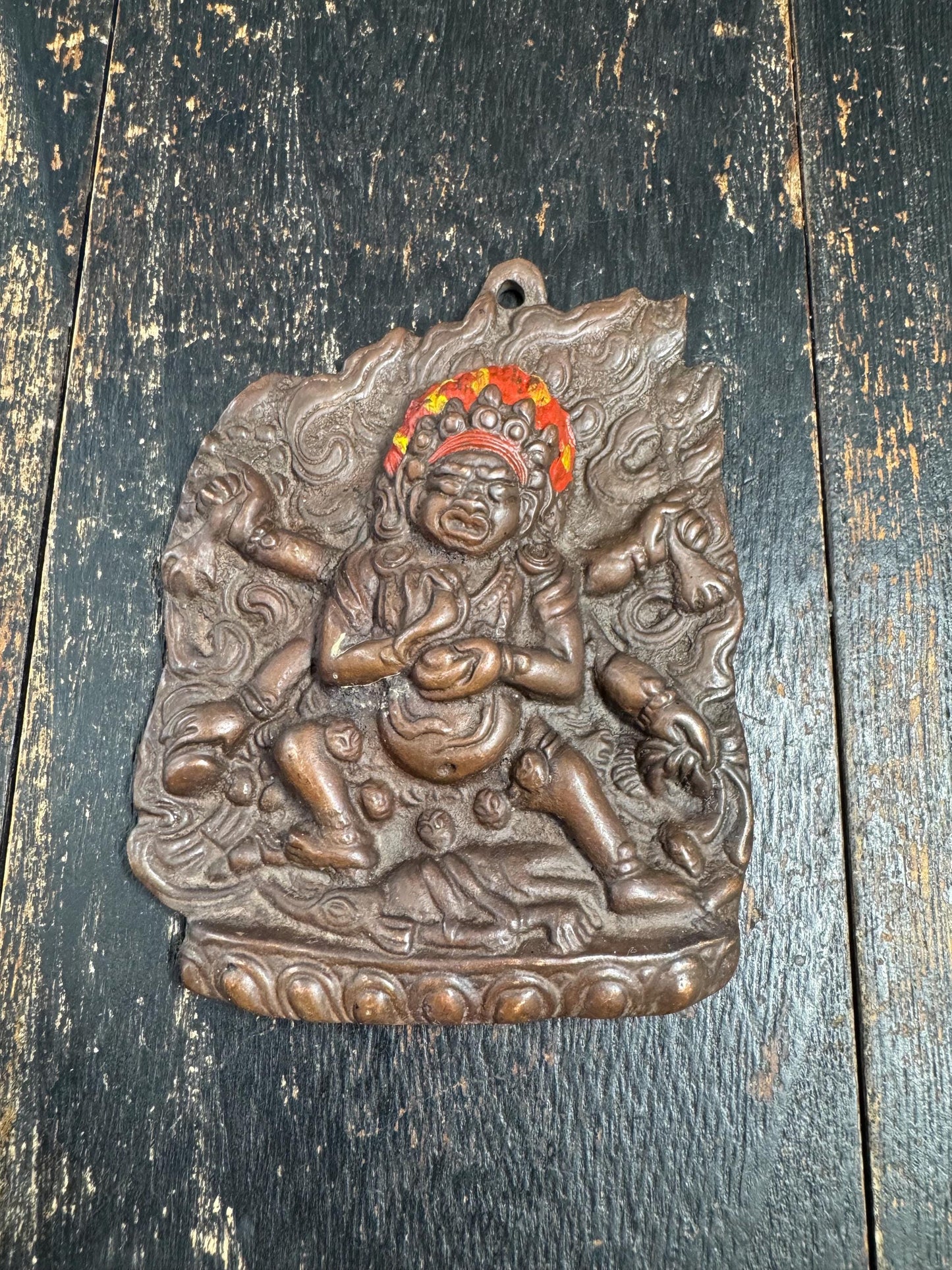 Old Tibetan Bronze Mahakala Amulet Plaque, Wrathful Protector Deity Relief, Buddhist Temple Talisman, Antique Shrine Pendant(H848）