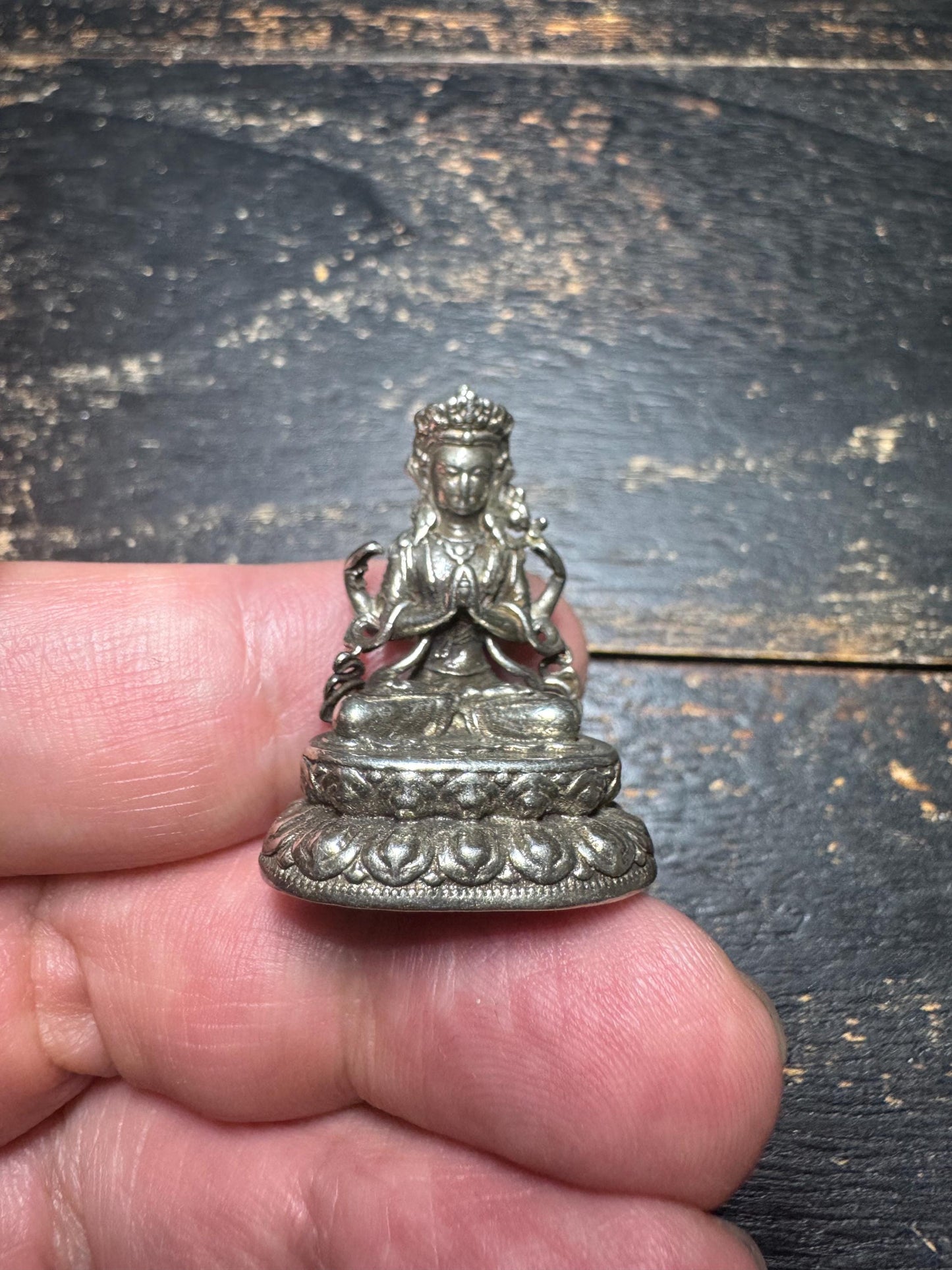 Mini White Copper Four-Armed Avalokiteshvara (Chenrezig) Statue, 30mm Buddhist Compassion Deity, Handmade Karma Altar Figurine(H776)