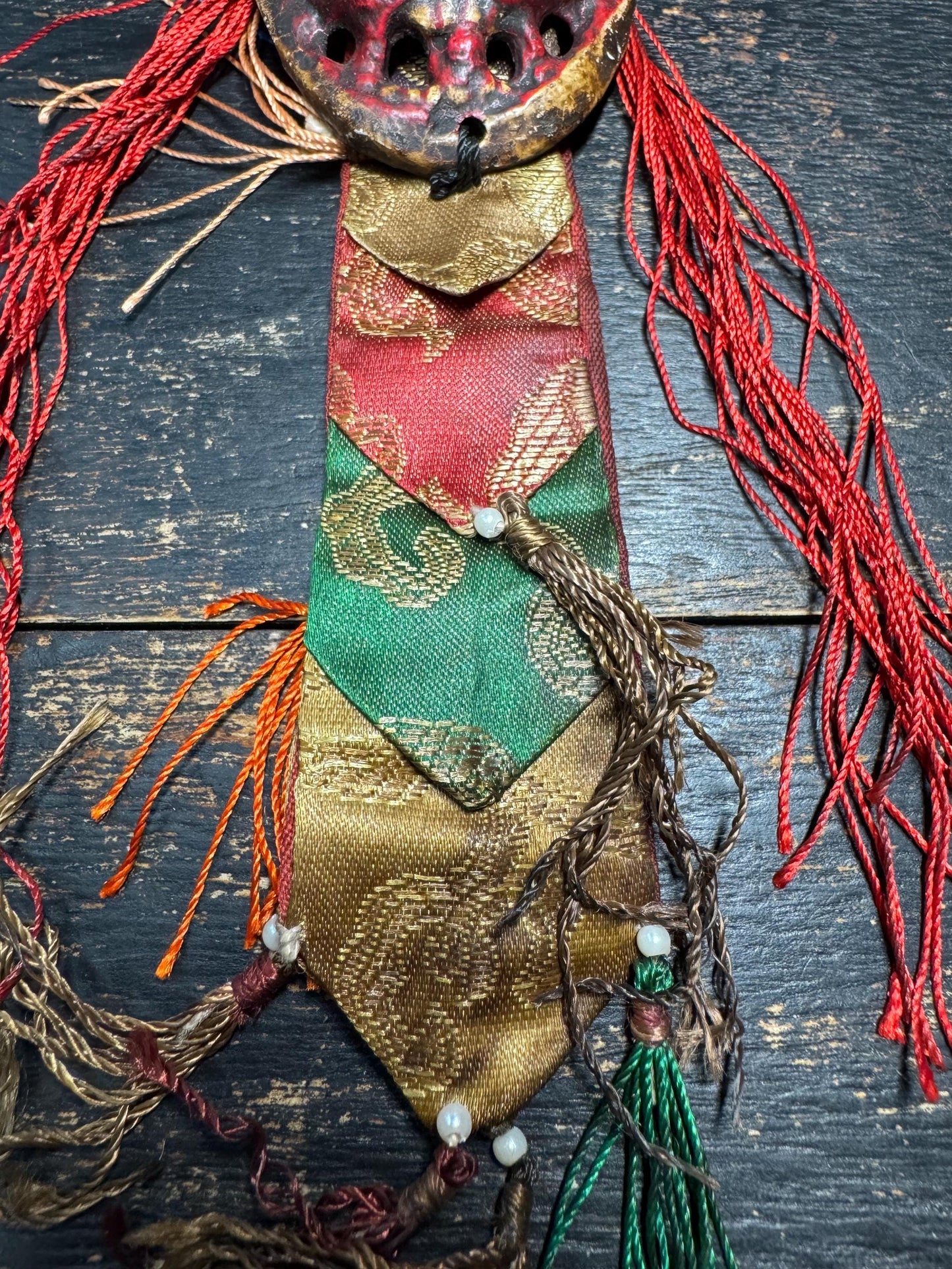 Antique Tibetan Citipati Skull Mask Amulet | Charnel Ground Wrathful Protector Gau with Silk Brocade, Ritual Buddhist Talisman(H783)