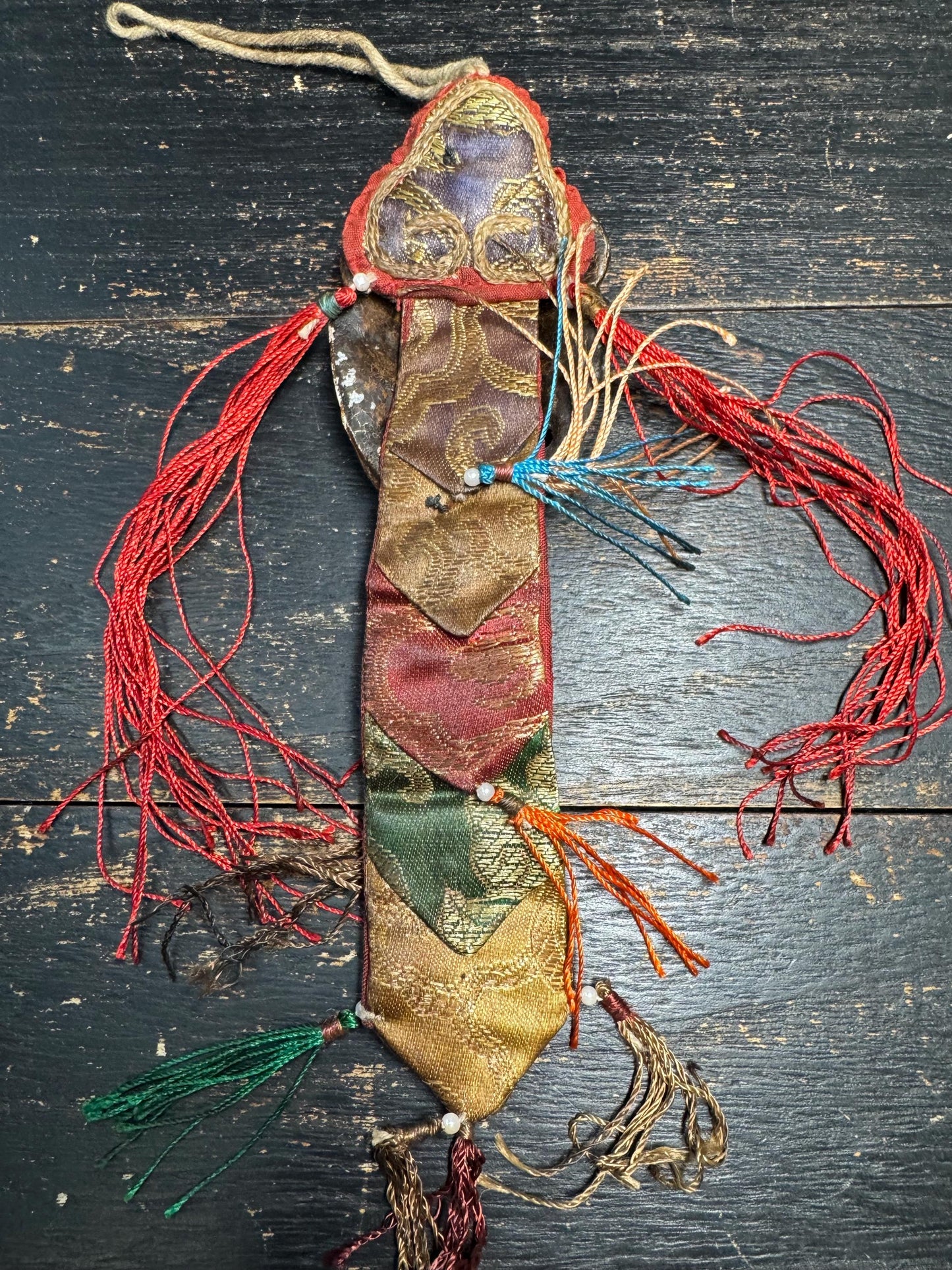 Antique Tibetan Citipati Skull Mask Amulet | Charnel Ground Wrathful Protector Gau with Silk Brocade, Ritual Buddhist Talisman(H783)