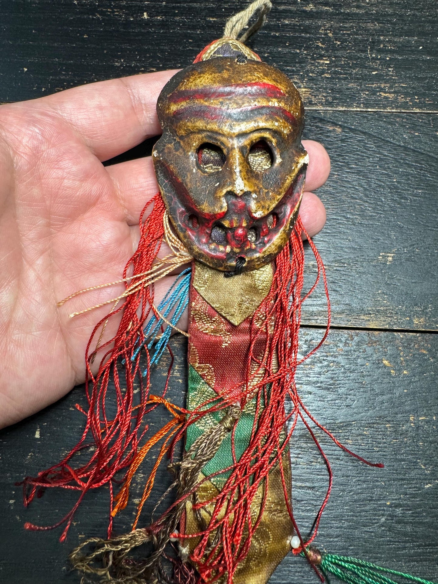 Antique Tibetan Citipati Skull Mask Amulet | Charnel Ground Wrathful Protector Gau with Silk Brocade, Ritual Buddhist Talisman(H783)