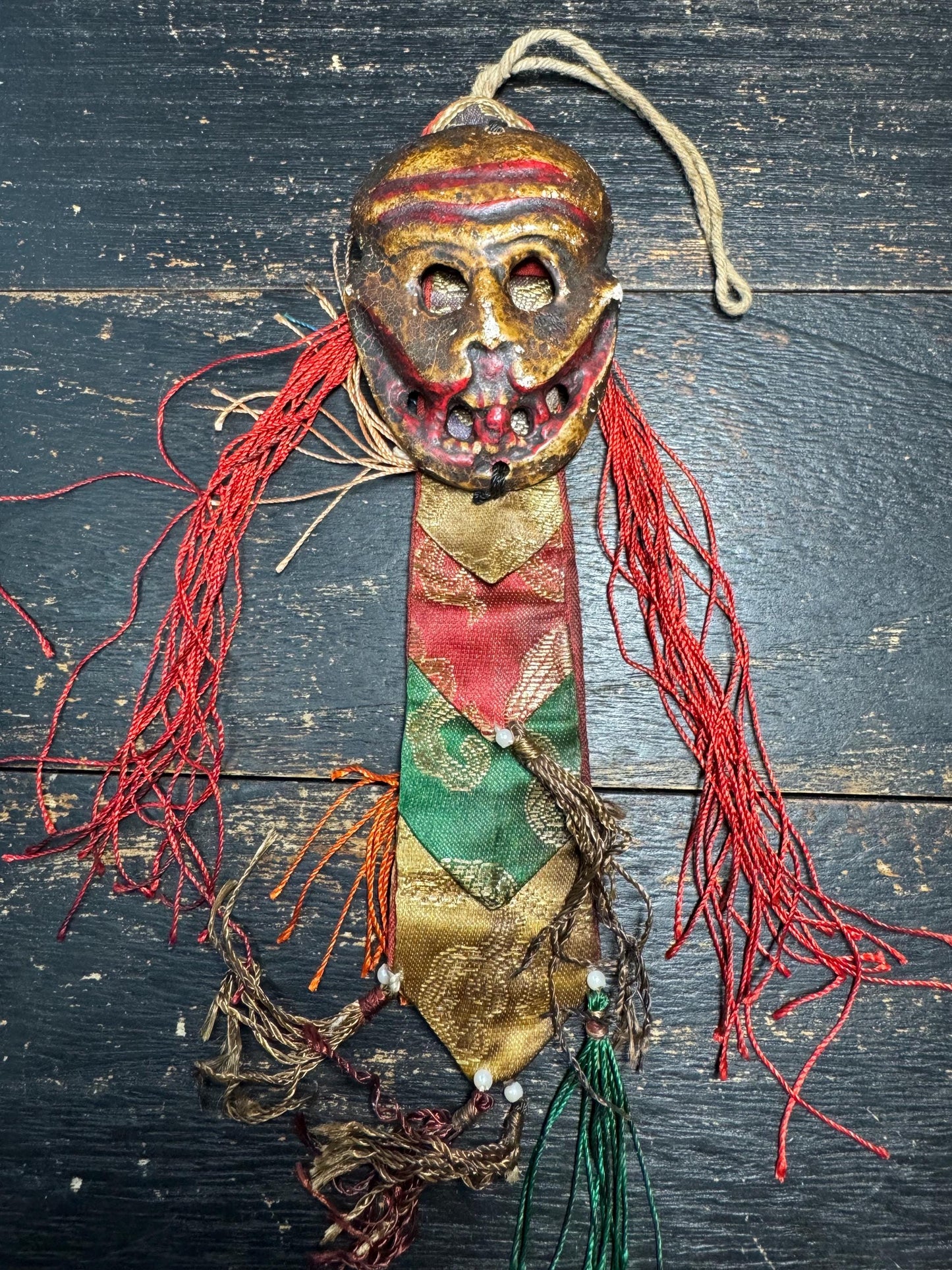 Antique Tibetan Citipati Skull Mask Amulet | Charnel Ground Wrathful Protector Gau with Silk Brocade, Ritual Buddhist Talisman(H783)