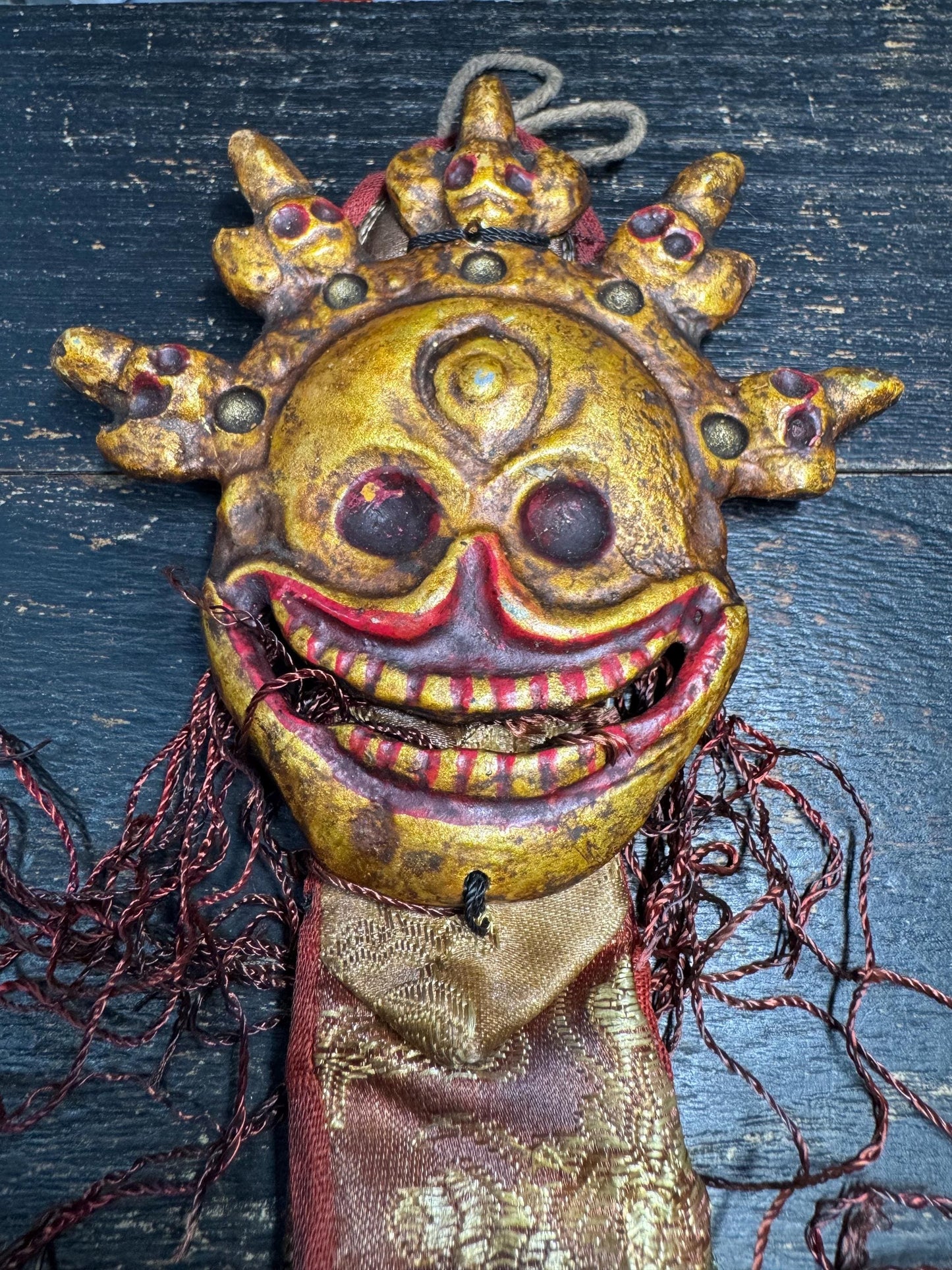 Antique Tibetan Mahakala Skull Crown Mask Amulet | Wrathful Protector Hanging, Silk Brocade Ritual Talisman, Himalayan Buddhist Art(H784)