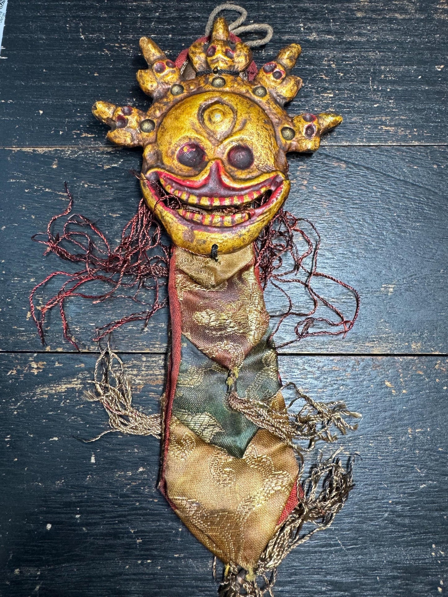 Antique Tibetan Mahakala Skull Crown Mask Amulet | Wrathful Protector Hanging, Silk Brocade Ritual Talisman, Himalayan Buddhist Art(H784)