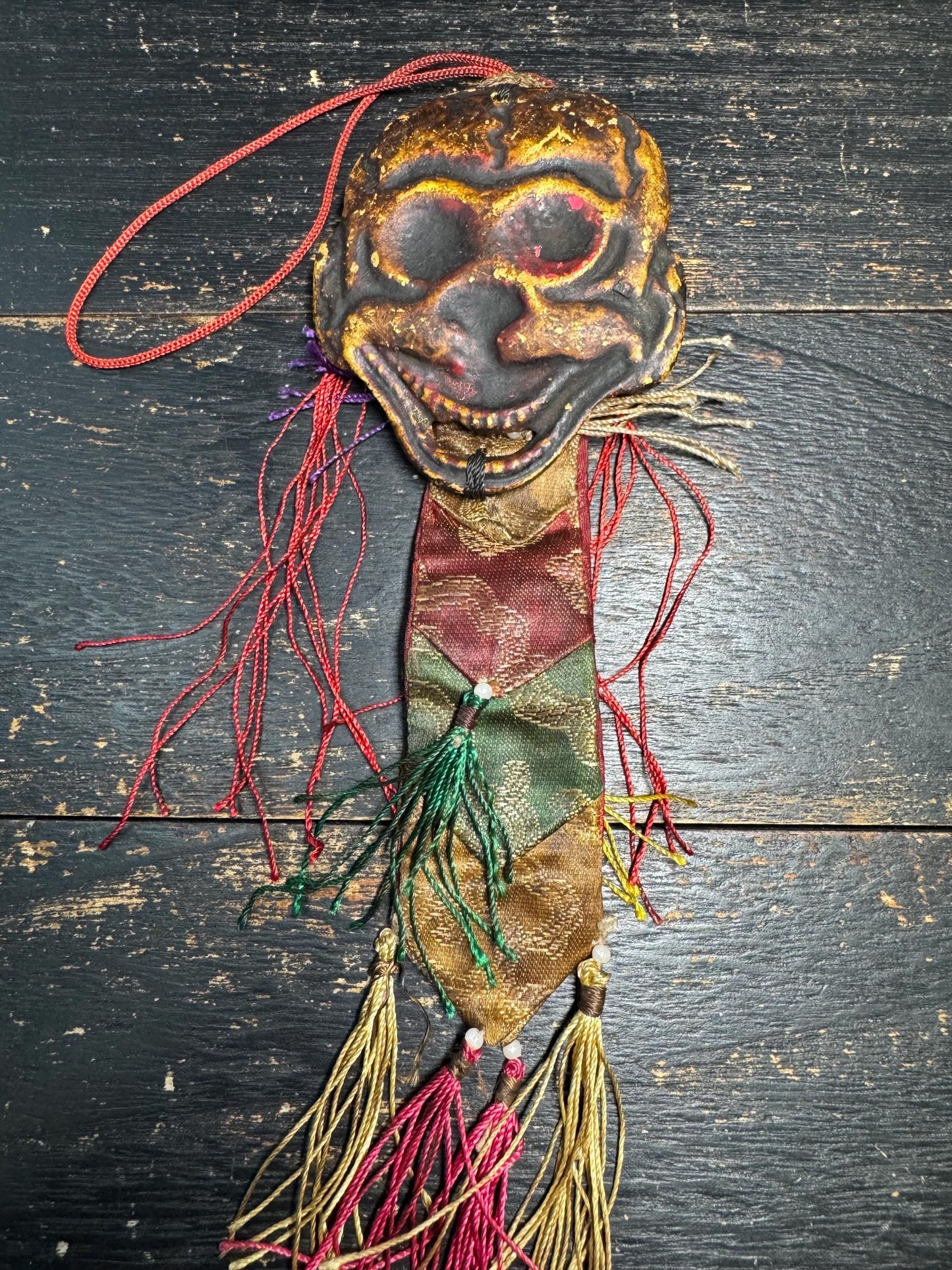Antique Tibetan Wrathful Protector Mask Amulet | Himalayan Ritual Hanging, Hand Painted Guardian Mask, Silk Brocade Buddhist Talisman(H785)