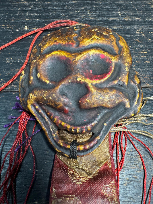 Antique Tibetan Wrathful Protector Mask Amulet | Himalayan Ritual Hanging, Hand Painted Guardian Mask, Silk Brocade Buddhist Talisman(H785)