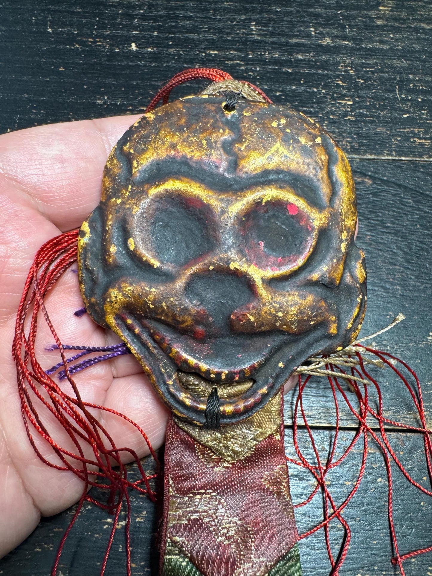Antique Tibetan Wrathful Protector Mask Amulet | Himalayan Ritual Hanging, Hand Painted Guardian Mask, Silk Brocade Buddhist Talisman(H785)