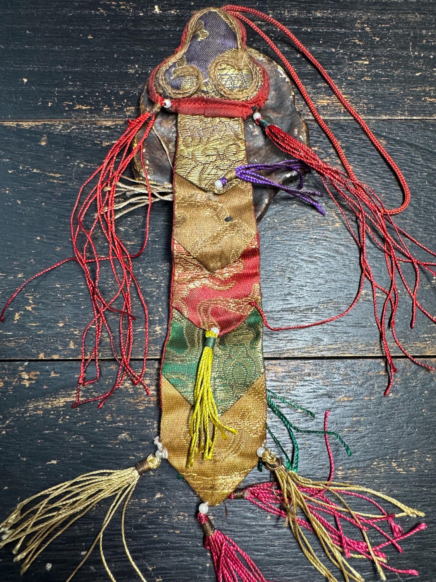 Antique Tibetan Wrathful Protector Mask Amulet | Himalayan Ritual Hanging, Hand Painted Guardian Mask, Silk Brocade Buddhist Talisman(H785)