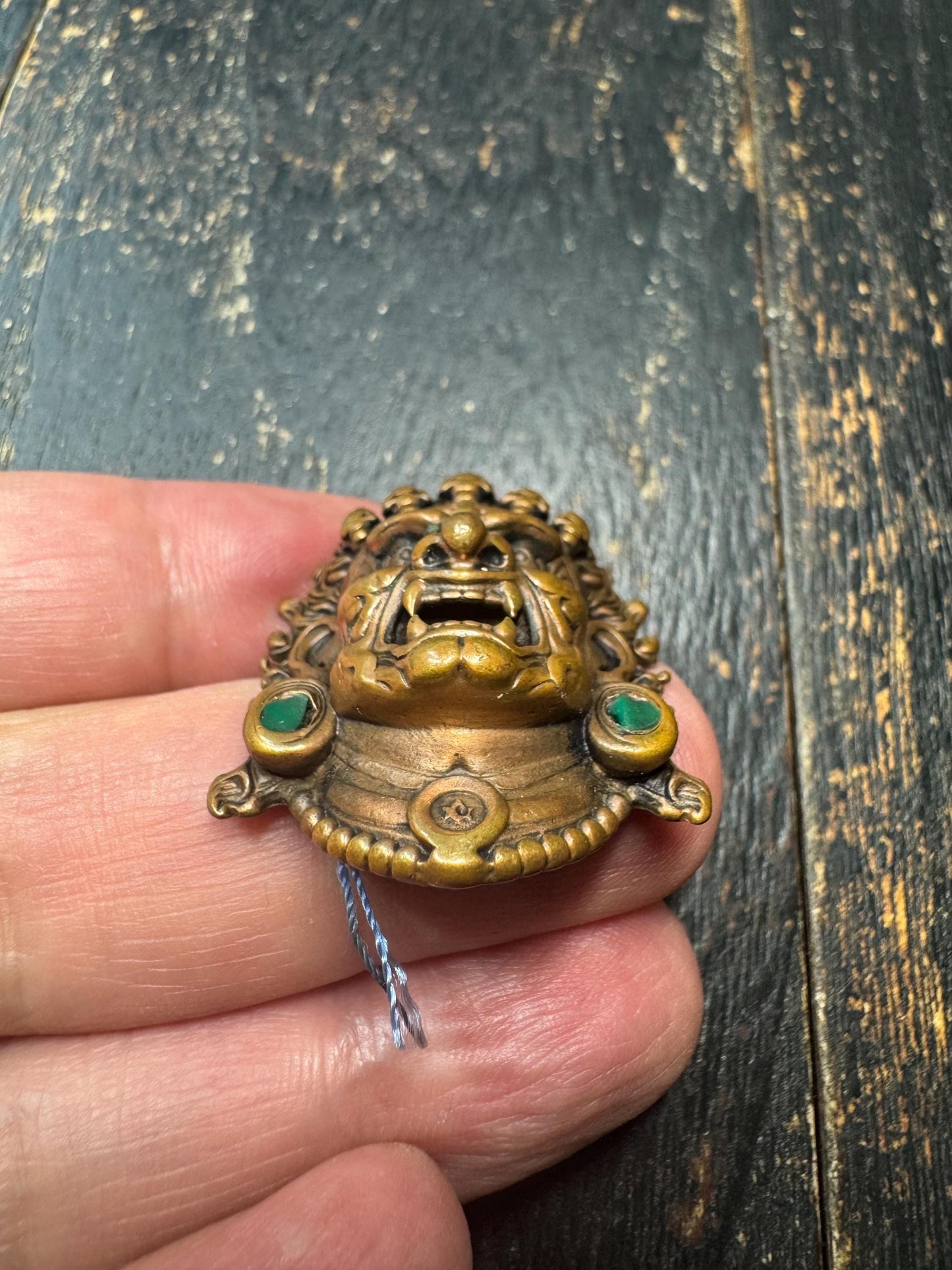 Brass Mahakala Wrathful Deity Pendant | Tibetan Buddhist Protector Mask | Nepal Hand Cast Dharma Guardian Amulet | Turquoise Inlay(H815)