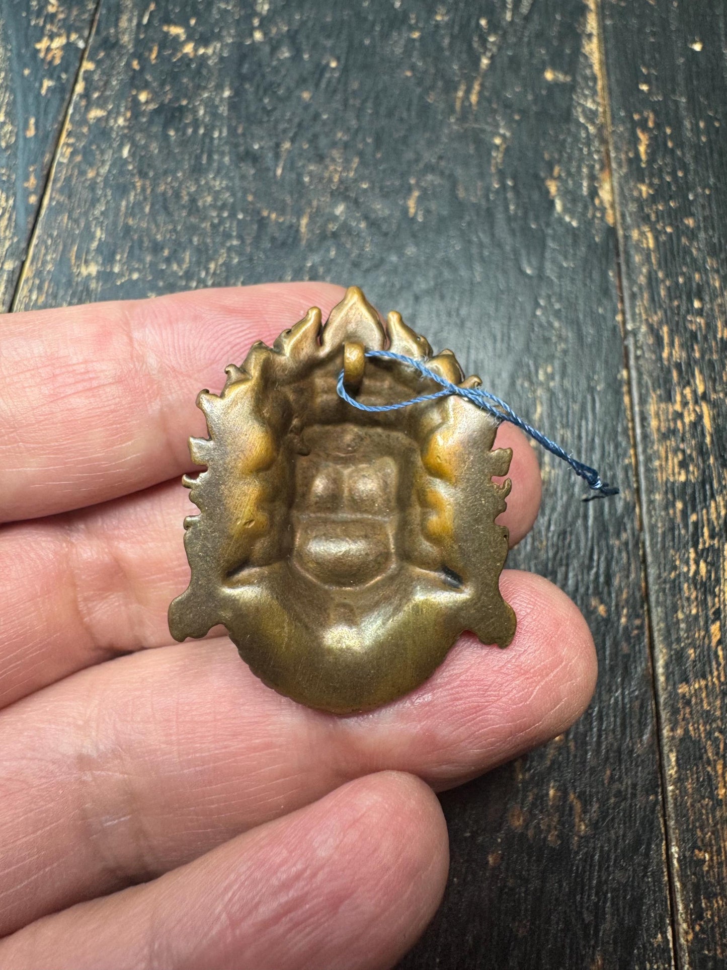 Brass Mahakala Wrathful Deity Pendant | Tibetan Buddhist Protector Mask | Nepal Hand Cast Dharma Guardian Amulet | Turquoise Inlay(H815)