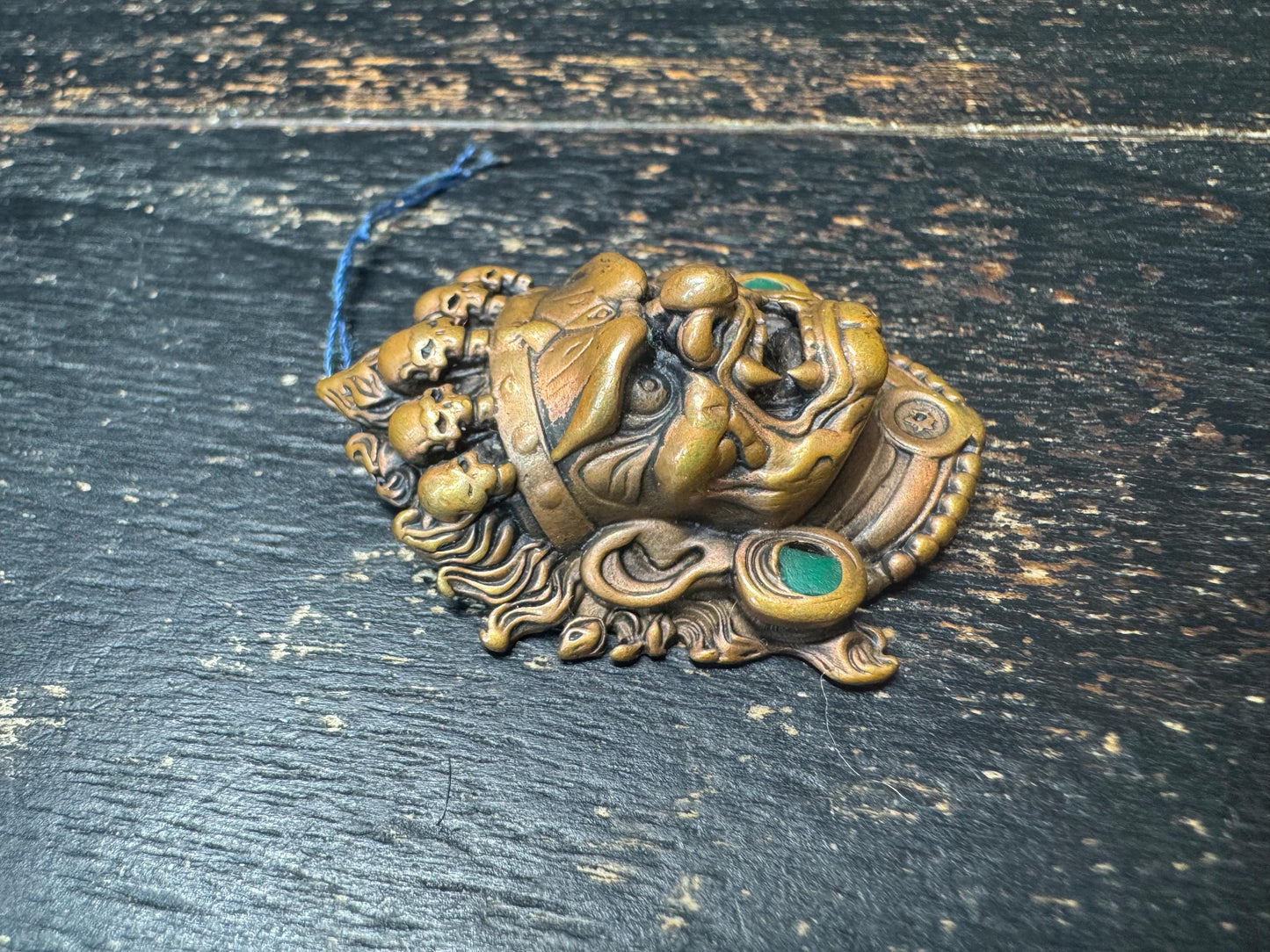 Brass Mahakala Wrathful Deity Pendant | Tibetan Buddhist Protector Mask | Nepal Hand Cast Dharma Guardian Amulet | Turquoise Inlay(H815)