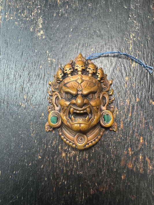 Brass Mahakala Wrathful Deity Pendant | Tibetan Buddhist Protector Mask | Nepal Hand Cast Dharma Guardian Amulet | Turquoise Inlay(H815)