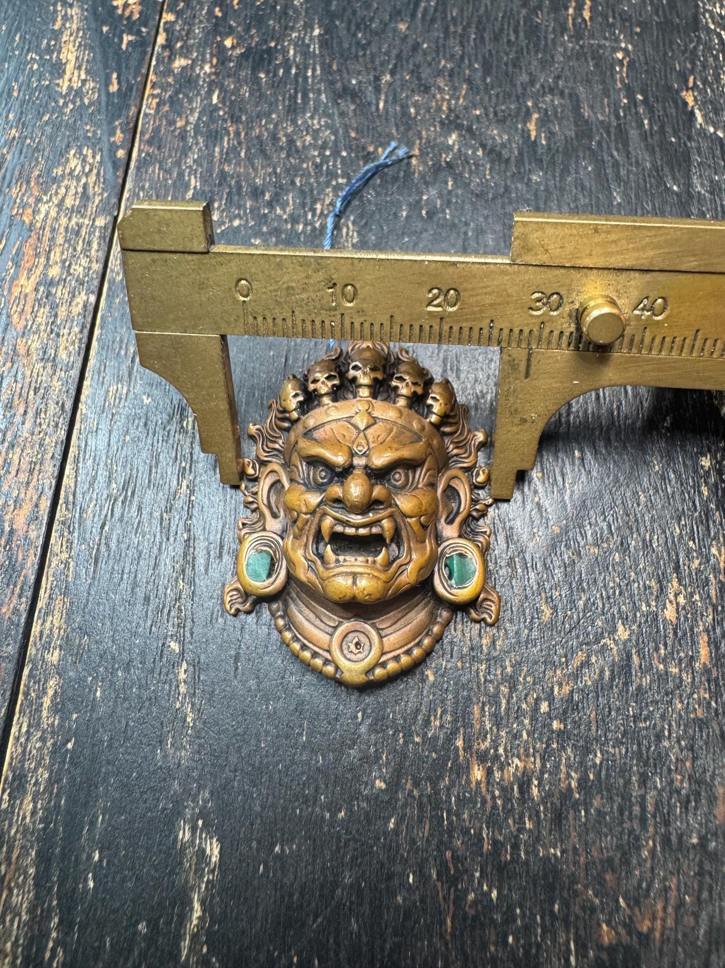 Brass Mahakala Wrathful Deity Pendant | Tibetan Buddhist Protector Mask | Nepal Hand Cast Dharma Guardian Amulet | Turquoise Inlay(H815)