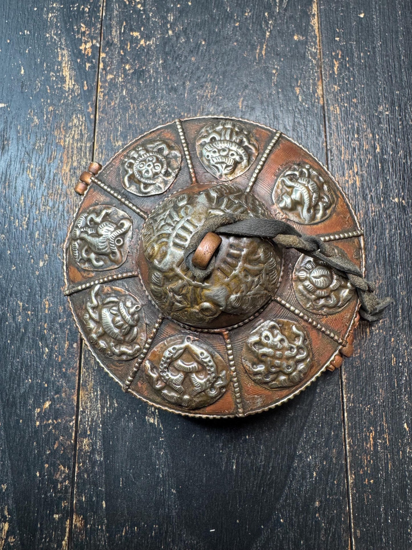 Rare Tibetan Tingsha Bells with Brass Gau Prayer Box | Eight Auspicious Symbols Buddhist Ritual Cymbals | Meditation & Sound Healing(H818)