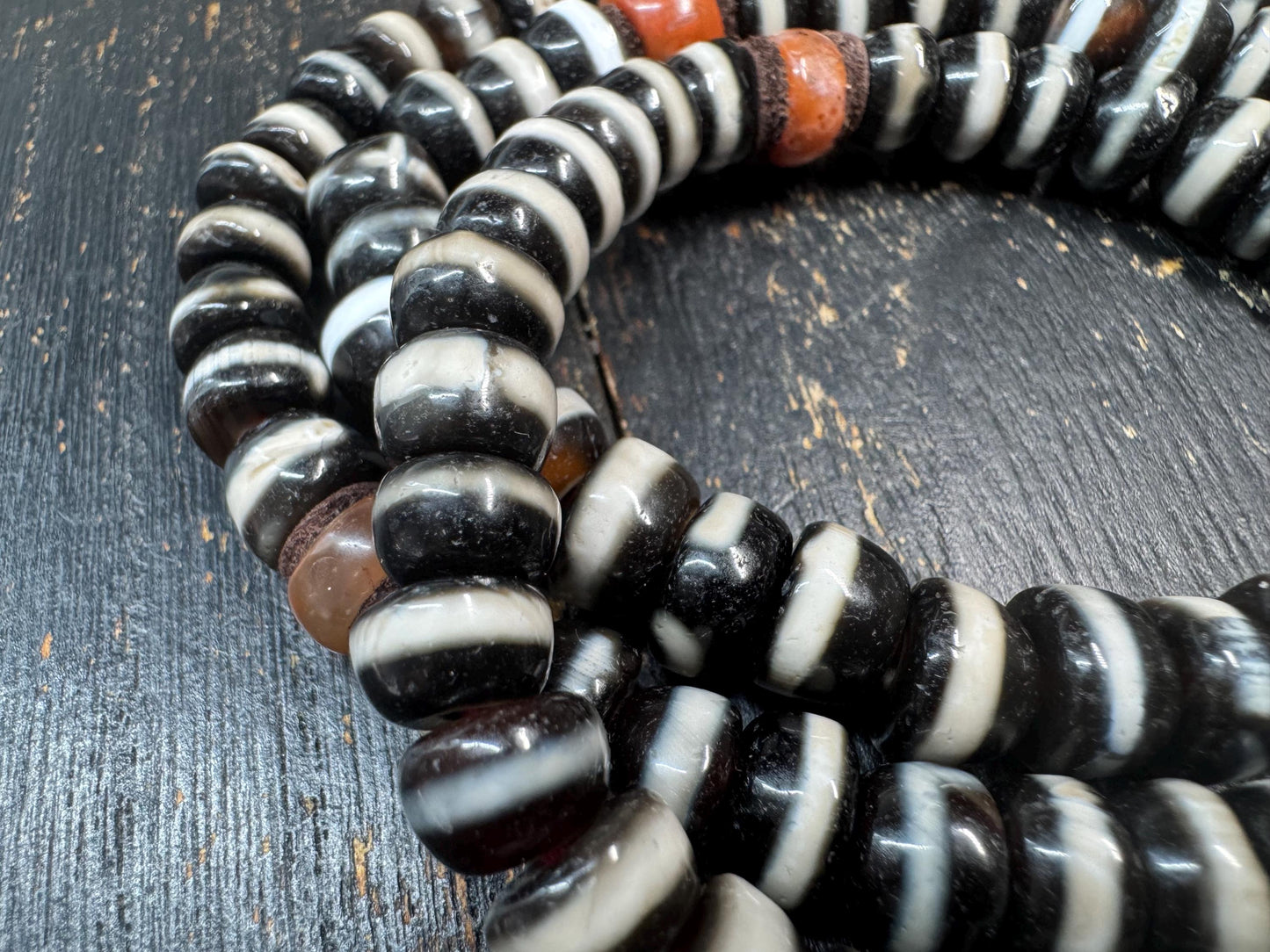 108 Bead Tibetan Dzi Agate Mala Necklace, Graduated Black&White Banded Agate Prayer Beads, Nanhong Carnelian Spacers, Handmade Buddhist(H873
