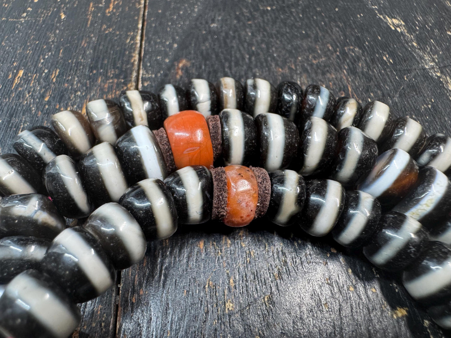 108 Bead Tibetan Dzi Agate Mala Necklace, Graduated Black&White Banded Agate Prayer Beads, Nanhong Carnelian Spacers, Handmade Buddhist(H873