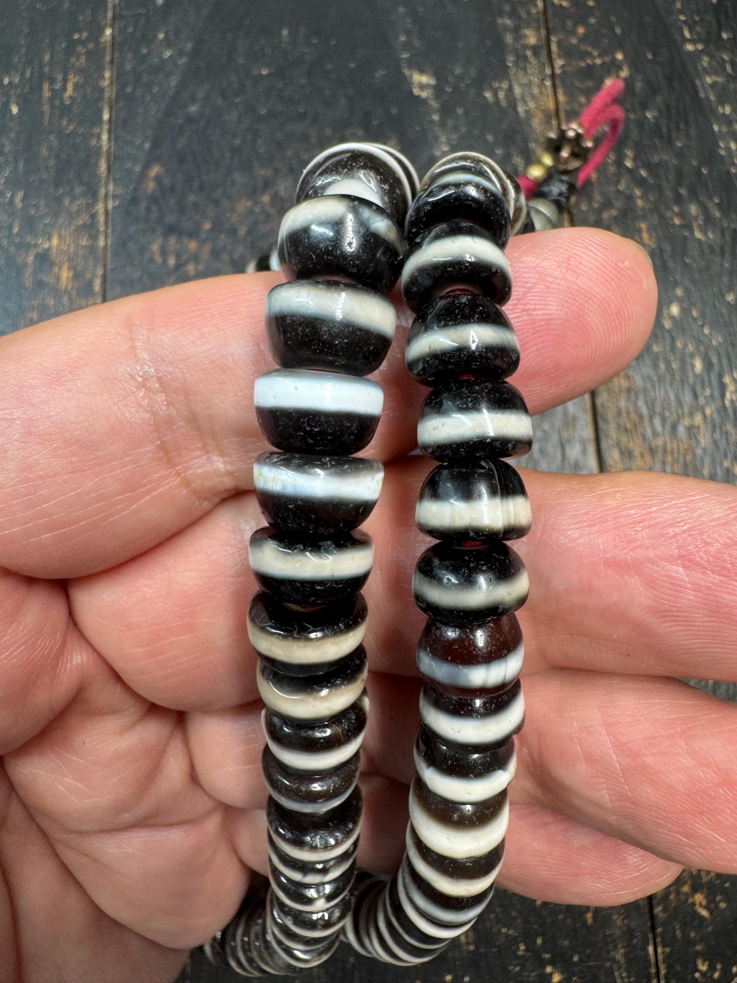 108 Bead Tibetan Dzi Agate Mala Necklace, Graduated Black&White Banded Agate Prayer Beads, Nanhong Carnelian Spacers, Handmade Buddhist(H873