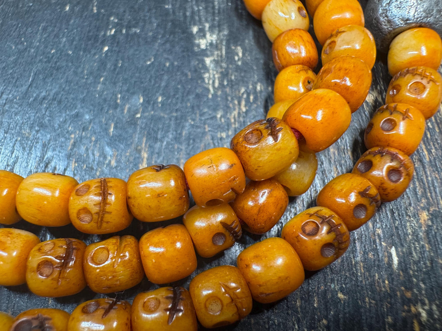 108 Yak Bone Skull Mala Necklace, Tibetan Charnel Ground Citipati Prayer Beads, Cold Iron Guru Bead, 26” Buddhist Meditation Mala(H784)