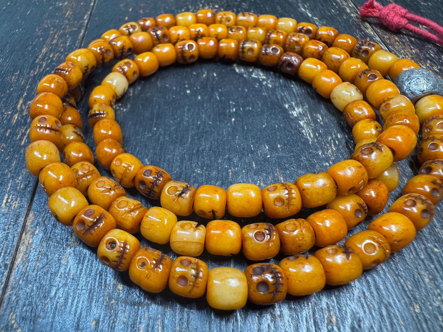 108 Yak Bone Skull Mala Necklace, Tibetan Charnel Ground Citipati Prayer Beads, Cold Iron Guru Bead, 26” Buddhist Meditation Mala(H784)