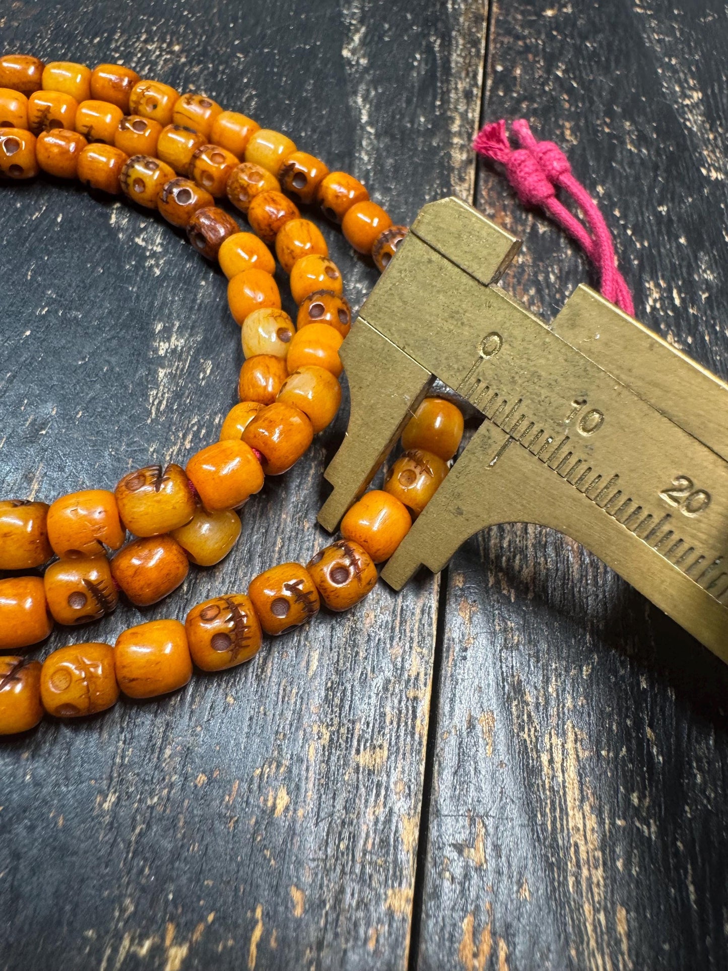 108 Yak Bone Skull Mala Necklace, Tibetan Charnel Ground Citipati Prayer Beads, Cold Iron Guru Bead, 26” Buddhist Meditation Mala(H784)