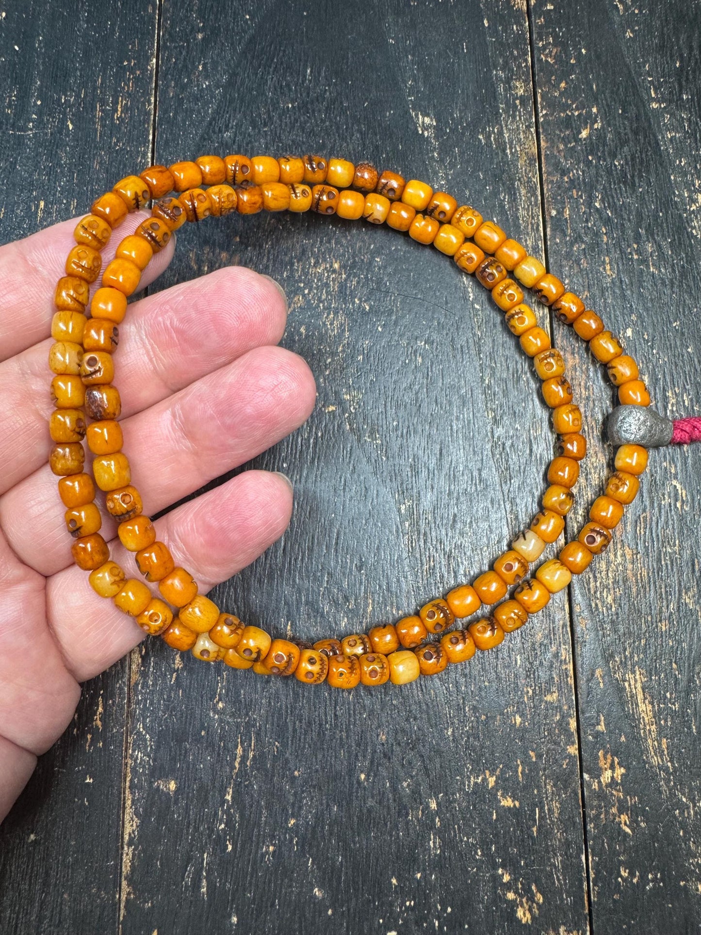 108 Yak Bone Skull Mala Necklace, Tibetan Charnel Ground Citipati Prayer Beads, Cold Iron Guru Bead, 26” Buddhist Meditation Mala(H784)