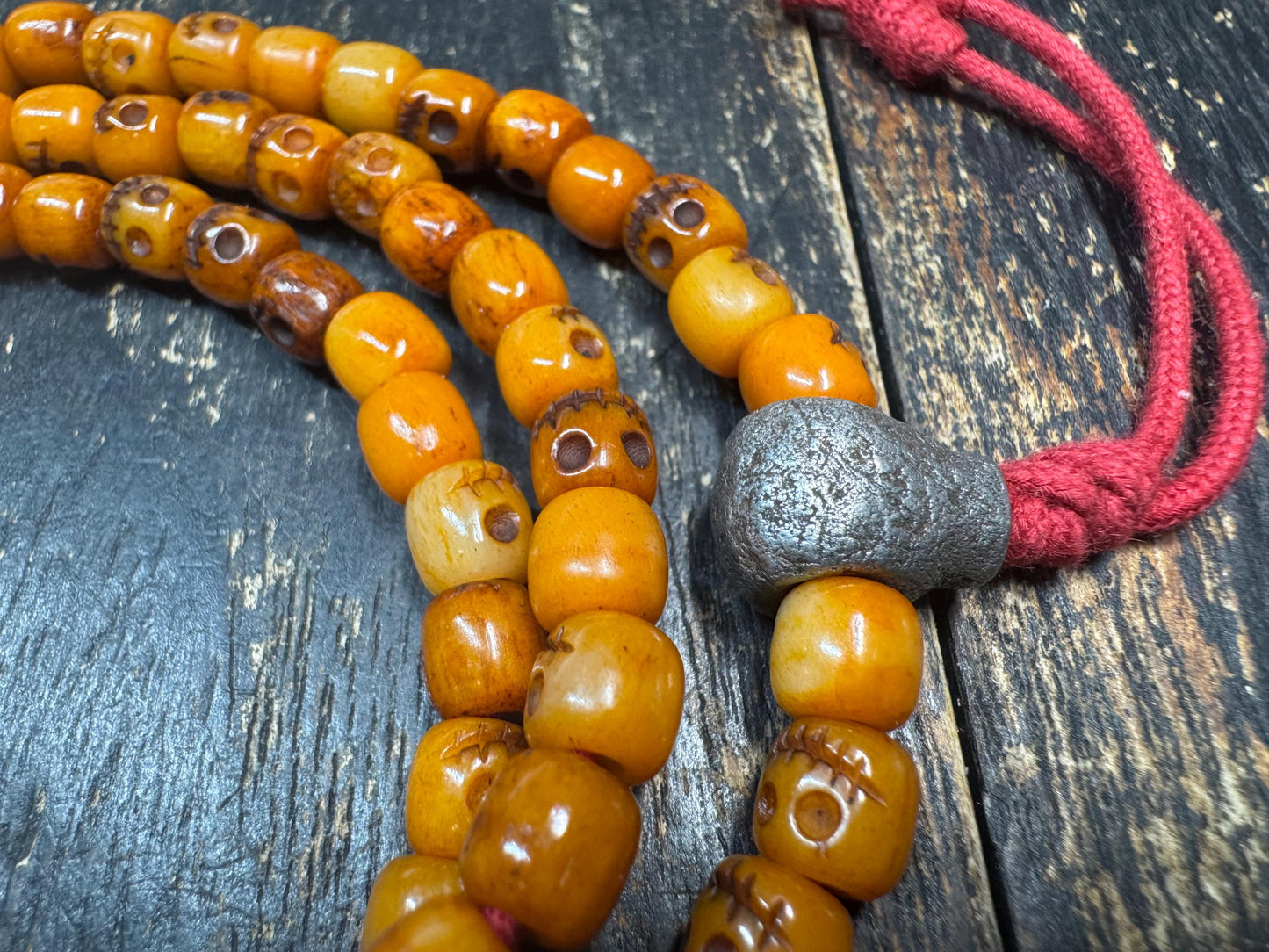 108 Yak Bone Skull Mala Necklace, Tibetan Charnel Ground Citipati Prayer Beads, Cold Iron Guru Bead, 26” Buddhist Meditation Mala(H784)