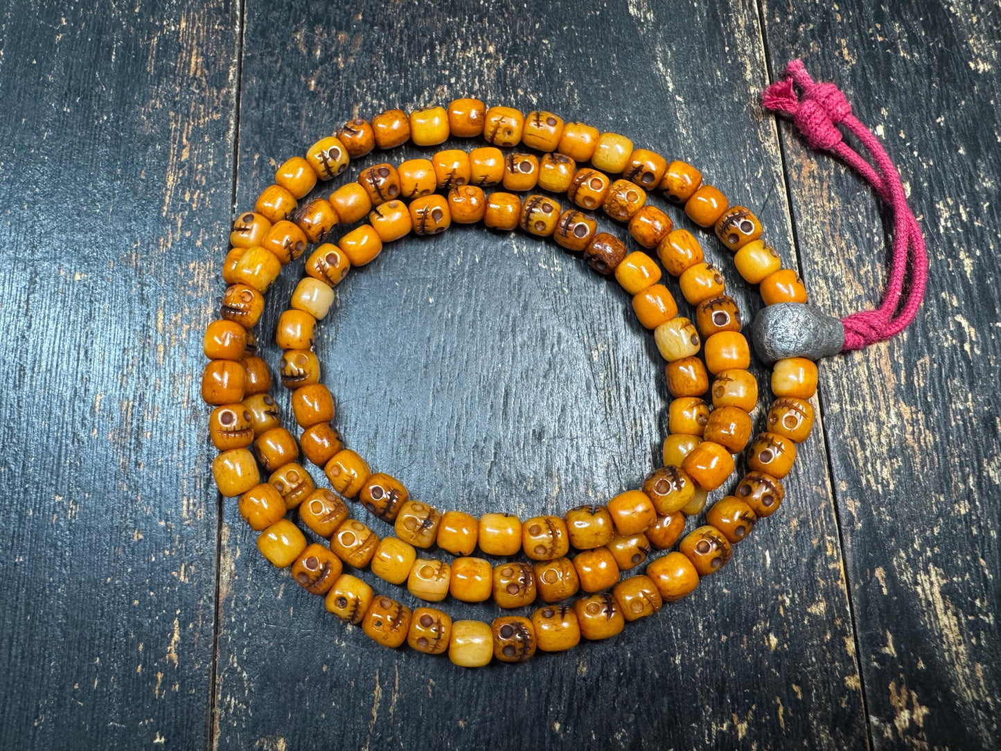 108 Yak Bone Skull Mala Necklace, Tibetan Charnel Ground Citipati Prayer Beads, Cold Iron Guru Bead, 26” Buddhist Meditation Mala(H784)