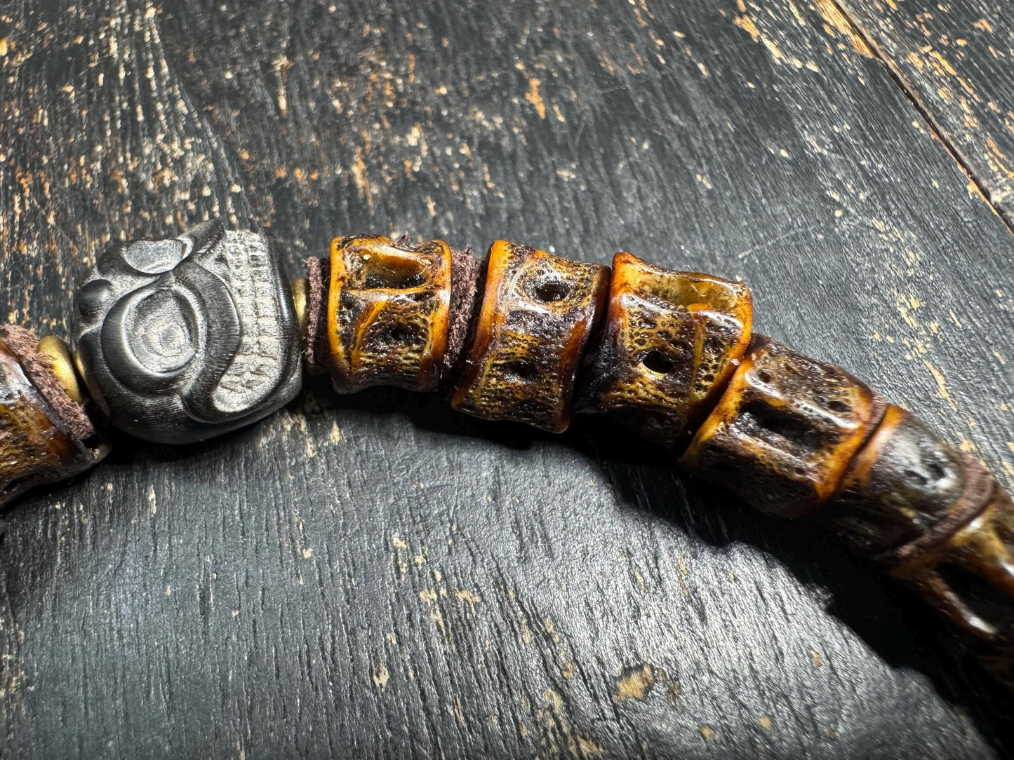 Tibetan Fish Bone Wrist Mala Bracelet, Carved Bone Charnel Ground Spacer Beads, Brass Guru Bead, Fire Offering Agate, Adjustable 8-8.5“(H845