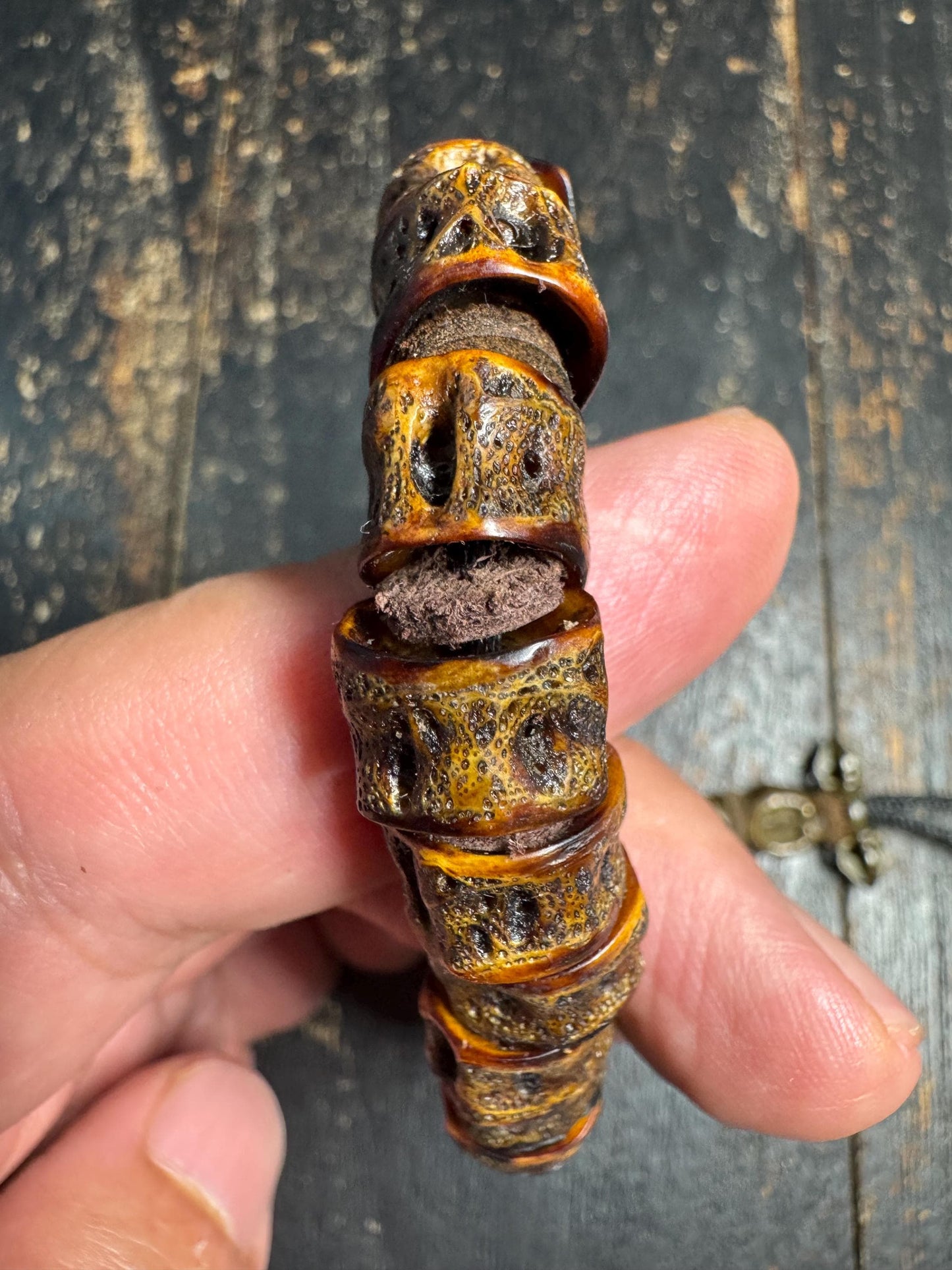Tibetan Fish Bone Wrist Mala Bracelet, Carved Bone Charnel Ground Spacer Beads, Brass Guru Bead, Fire Offering Agate, Adjustable 8-8.5“(H845