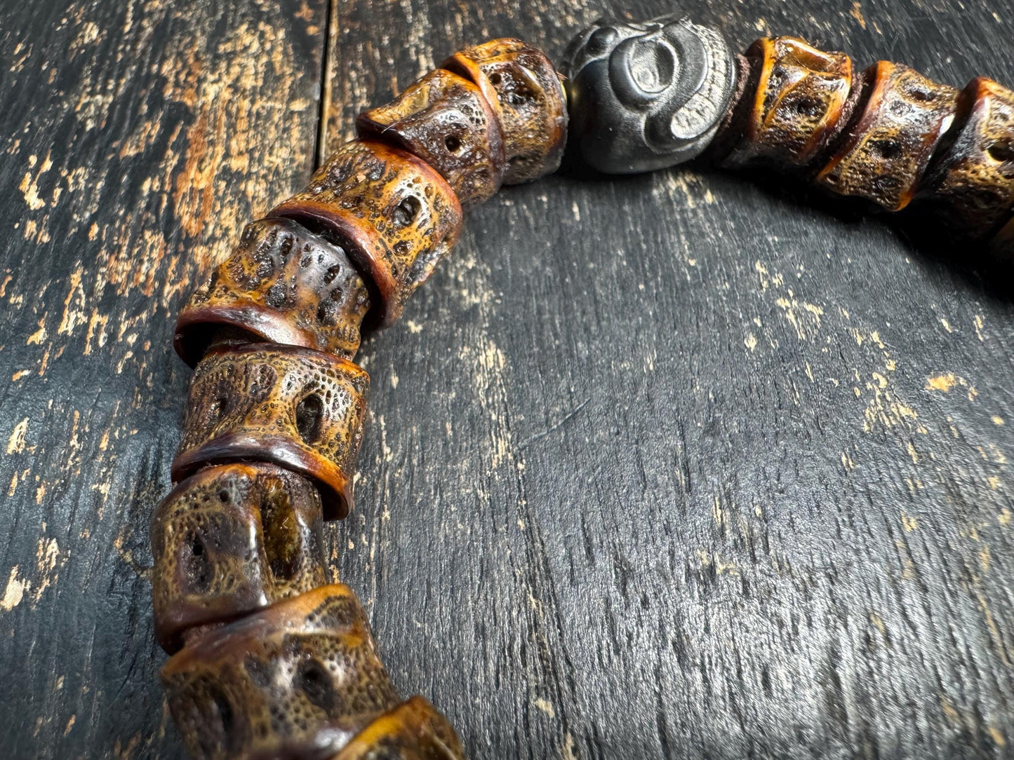Tibetan Fish Bone Wrist Mala Bracelet, Carved Bone Charnel Ground Spacer Beads, Brass Guru Bead, Fire Offering Agate, Adjustable 8-8.5“(H845