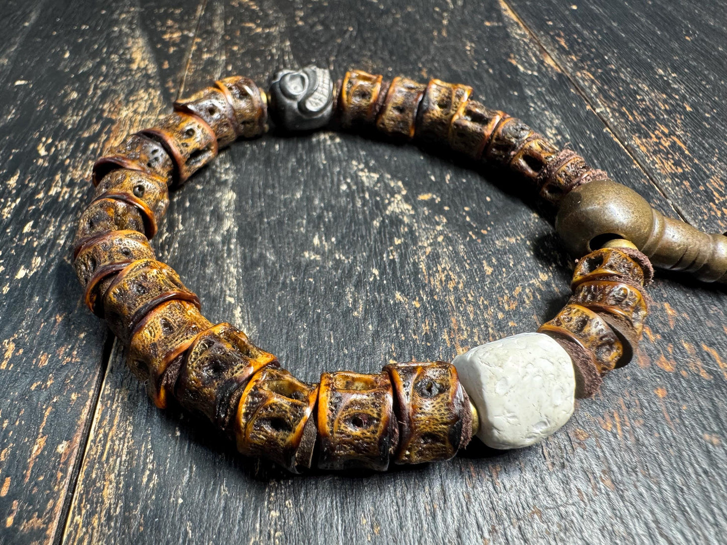 Tibetan Fish Bone Wrist Mala Bracelet, Carved Bone Charnel Ground Spacer Beads, Brass Guru Bead, Fire Offering Agate, Adjustable 8-8.5“(H845