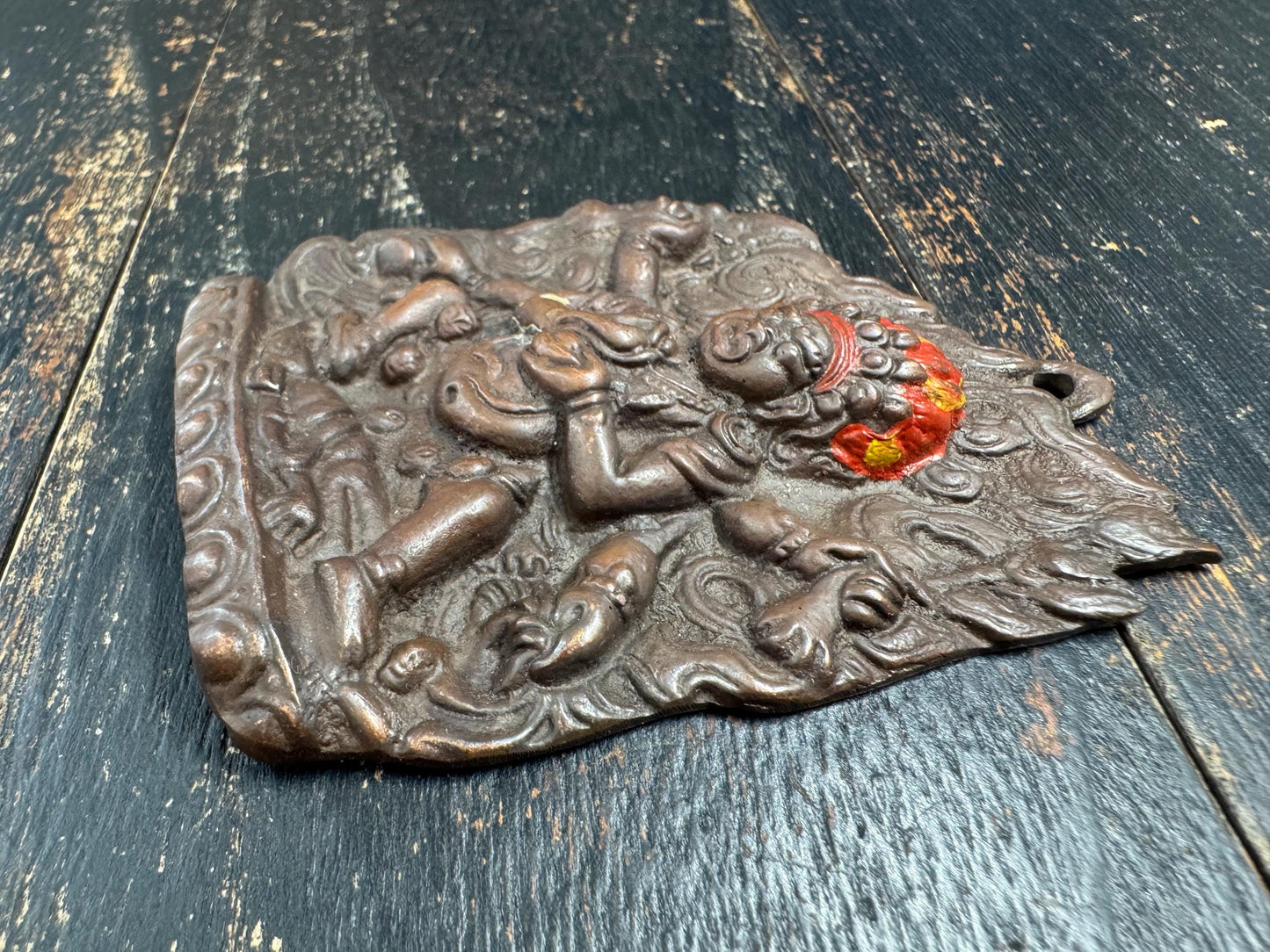 Old Tibetan Bronze Mahakala Amulet Plaque, Wrathful Protector Deity Relief, Buddhist Temple Talisman, Antique Shrine Pendant(H848）