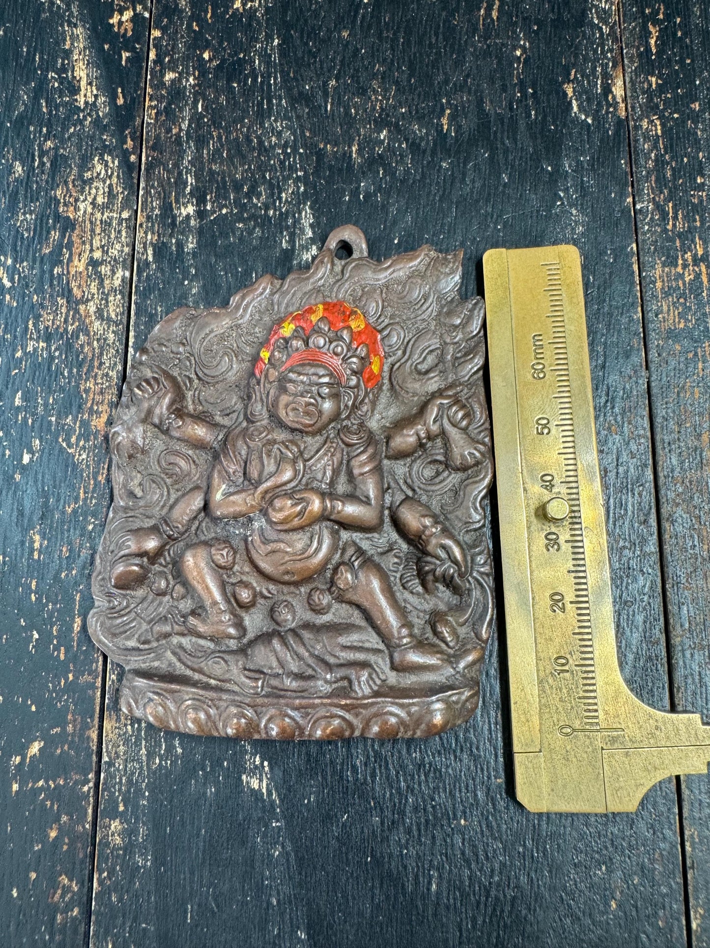 Old Tibetan Bronze Mahakala Amulet Plaque, Wrathful Protector Deity Relief, Buddhist Temple Talisman, Antique Shrine Pendant(H848）