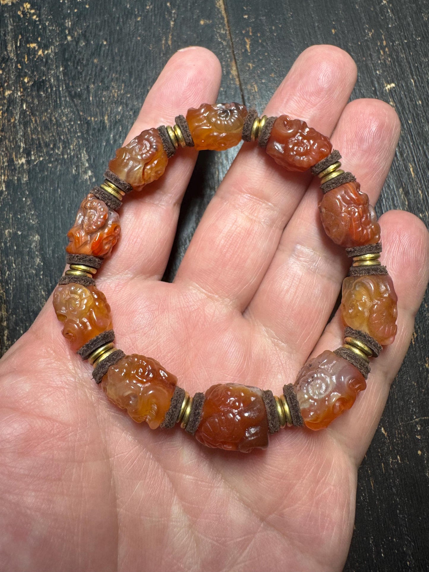 Hand-Carved Carnelian Agate Charnel Ground Skull Bracelet | Tibetan-Inspired Memento Mori Wrist Mala(H872)