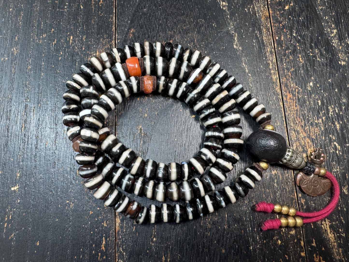 108 Bead Tibetan Dzi Agate Mala Necklace, Graduated Black&White Banded Agate Prayer Beads, Nanhong Carnelian Spacers, Handmade Buddhist(H873