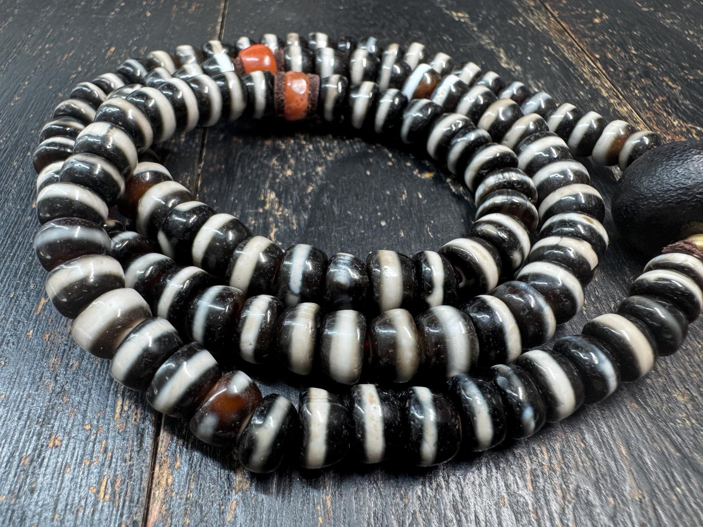 108 Bead Tibetan Dzi Agate Mala Necklace, Graduated Black&White Banded Agate Prayer Beads, Nanhong Carnelian Spacers, Handmade Buddhist(H873