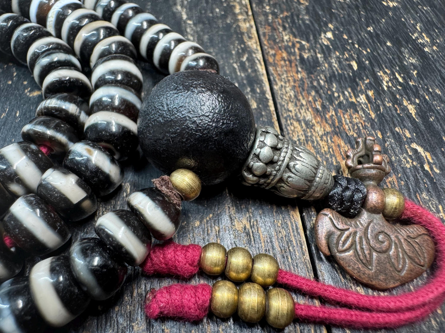108 Bead Tibetan Dzi Agate Mala Necklace, Graduated Black&White Banded Agate Prayer Beads, Nanhong Carnelian Spacers, Handmade Buddhist(H873