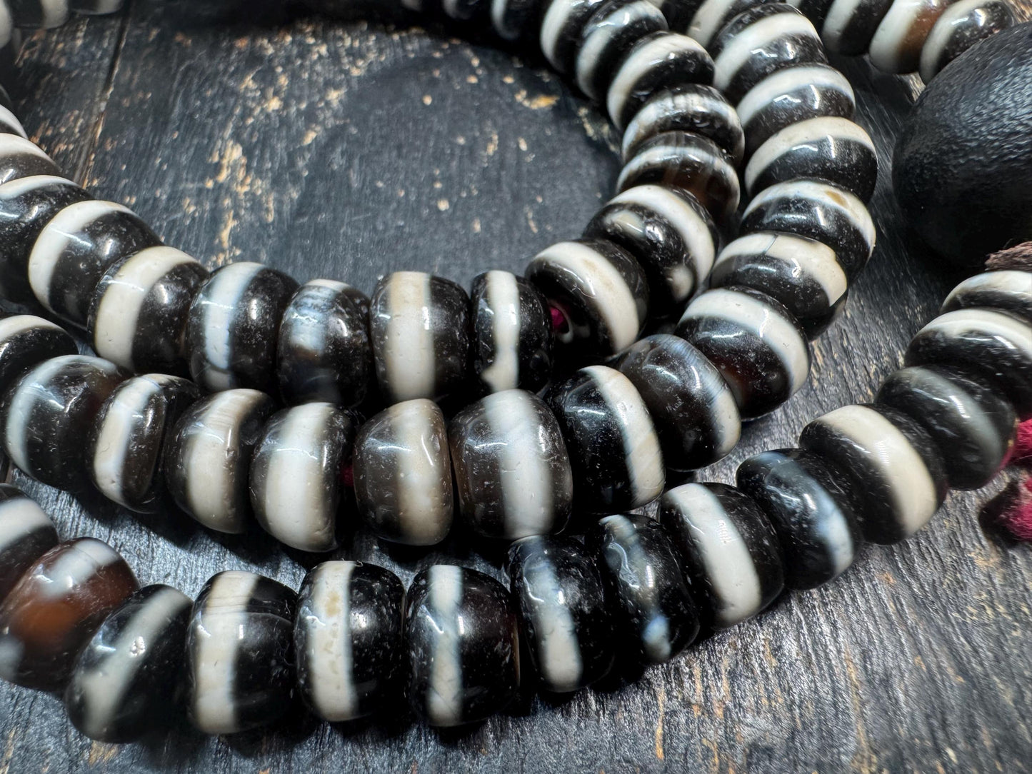 108 Bead Tibetan Dzi Agate Mala Necklace, Graduated Black&White Banded Agate Prayer Beads, Nanhong Carnelian Spacers, Handmade Buddhist(H873