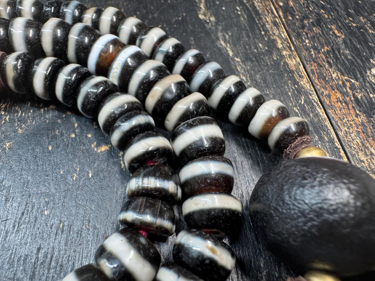 108 Bead Tibetan Dzi Agate Mala Necklace, Graduated Black&White Banded Agate Prayer Beads, Nanhong Carnelian Spacers, Handmade Buddhist(H873