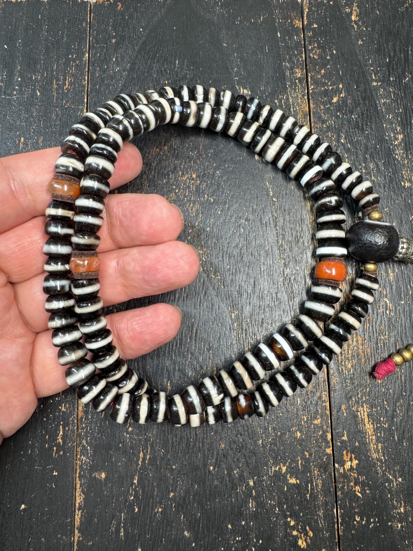 108 Bead Tibetan Dzi Agate Mala Necklace, Graduated Black&White Banded Agate Prayer Beads, Nanhong Carnelian Spacers, Handmade Buddhist(H873