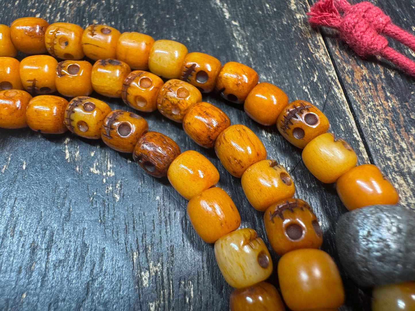 108 Yak Bone Skull Mala Necklace, Tibetan Charnel Ground Citipati Prayer Beads, Cold Iron Guru Bead, 26” Buddhist Meditation Mala(H784)
