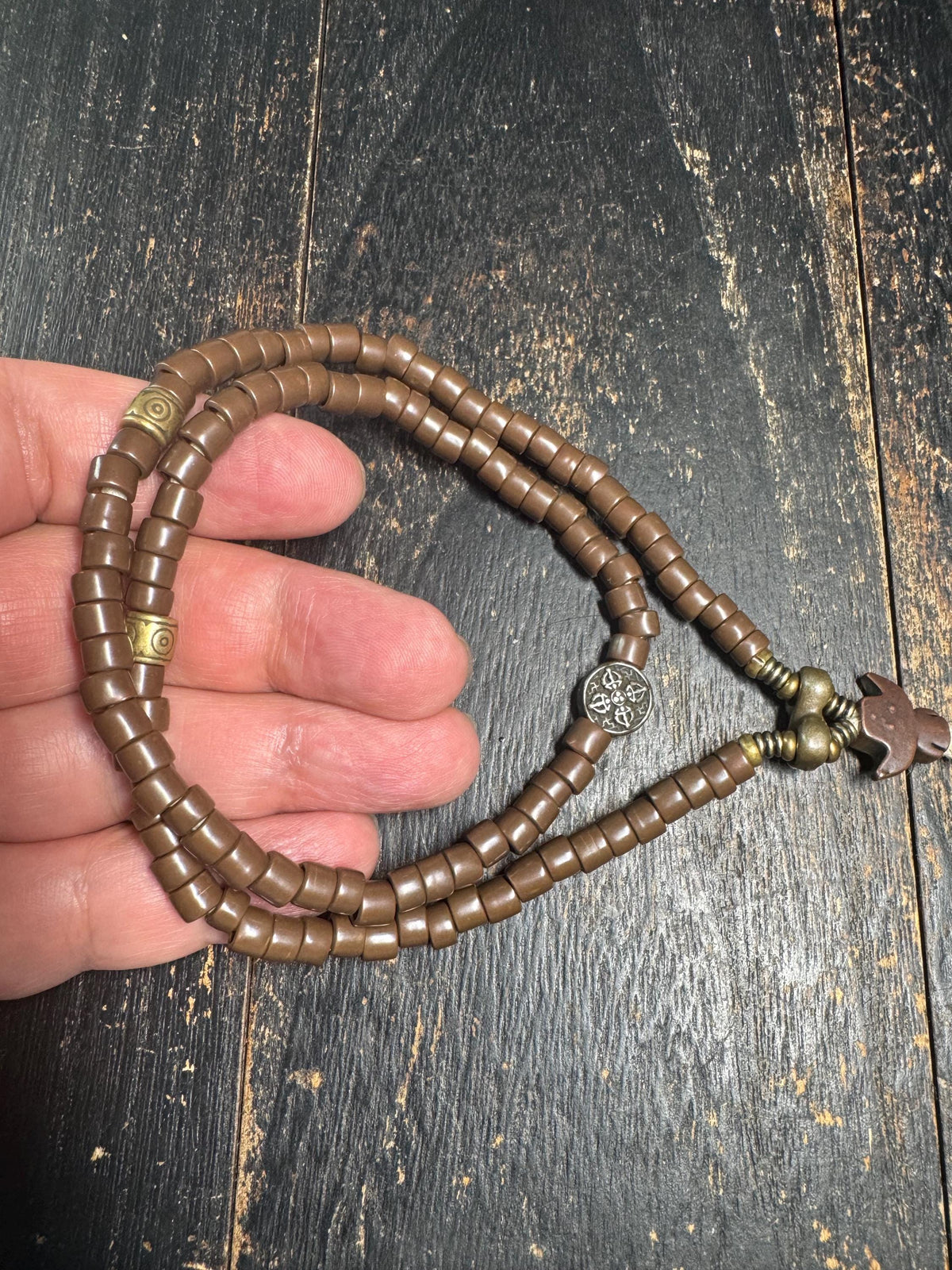 Tibetan Style 108 Bead Mala 20” Brown Bead Prayer Necklace Adjustable Meditation Mala Metal Guru Bead Buddhist Jewelry(H957)